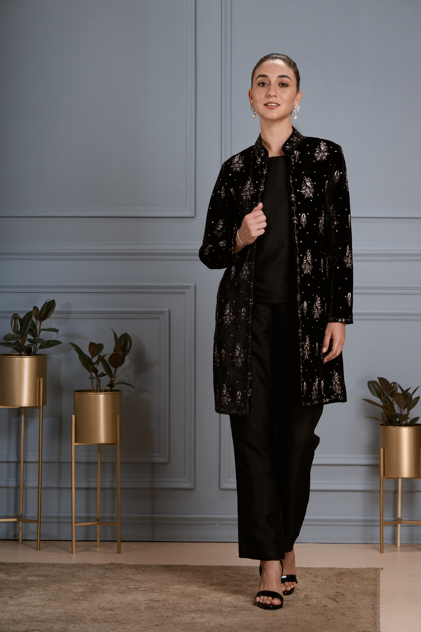 Taroob Hand Embellished Velvet Long Coat