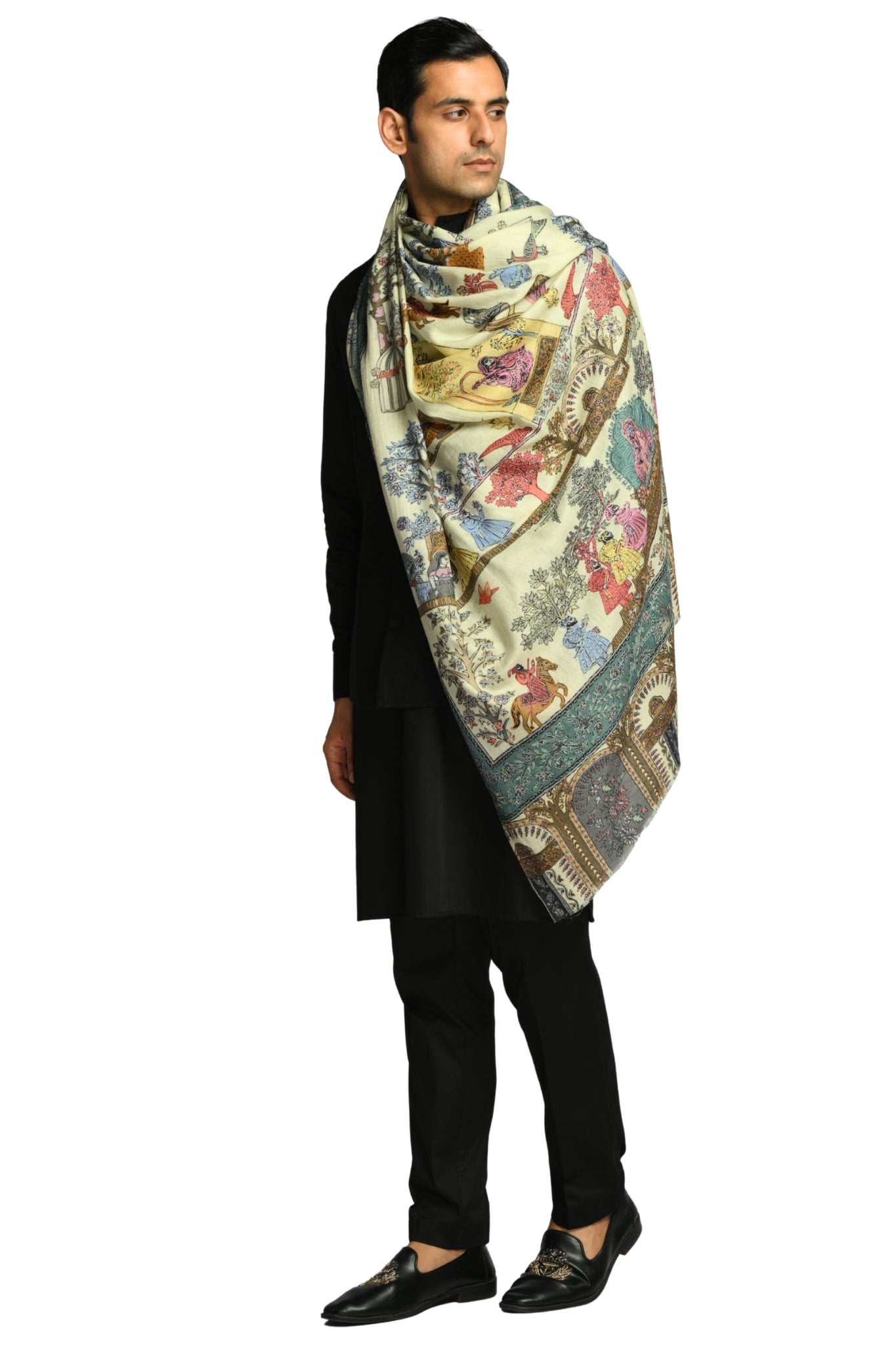 Taroob Shahi Darbar Kalamkari Wool Shawl