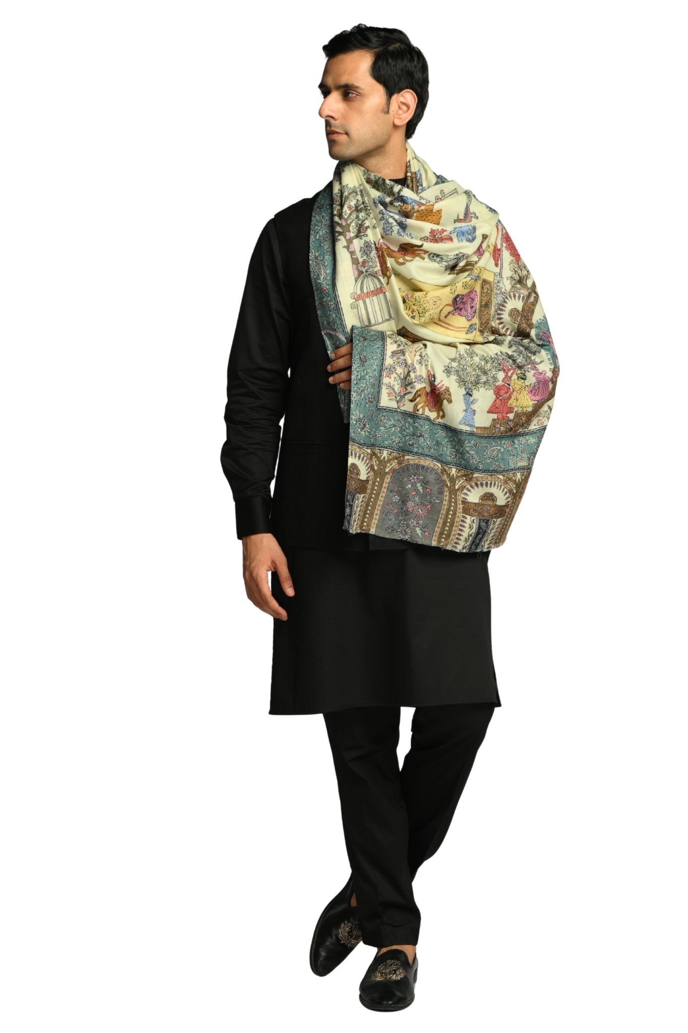 Taroob Shahi Darbar Kalamkari Wool Shawl