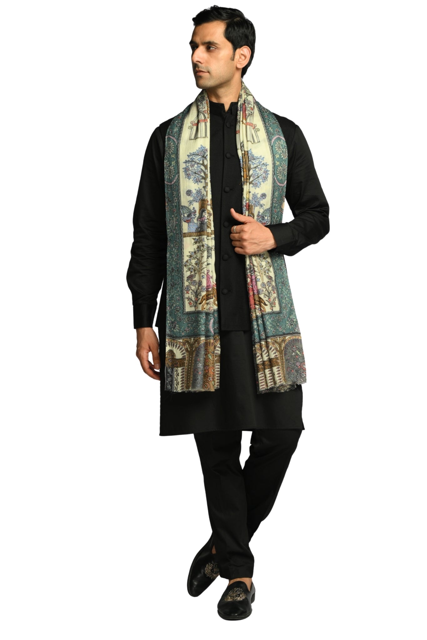 Taroob Shahi Darbar Kalamkari Wool Shawl