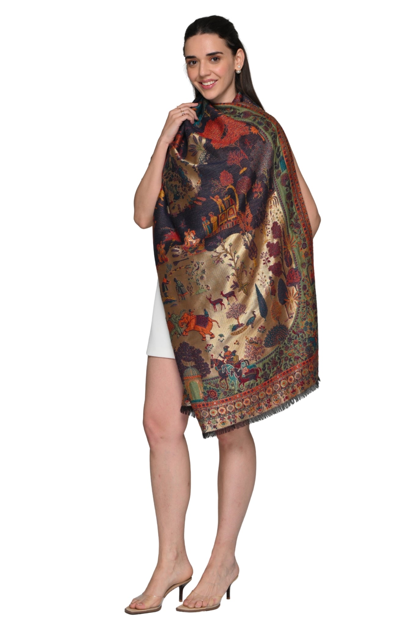 Vintage Mughal Shikara Resham Shawl – Women's Zari Shawls – Styling view | Taroob