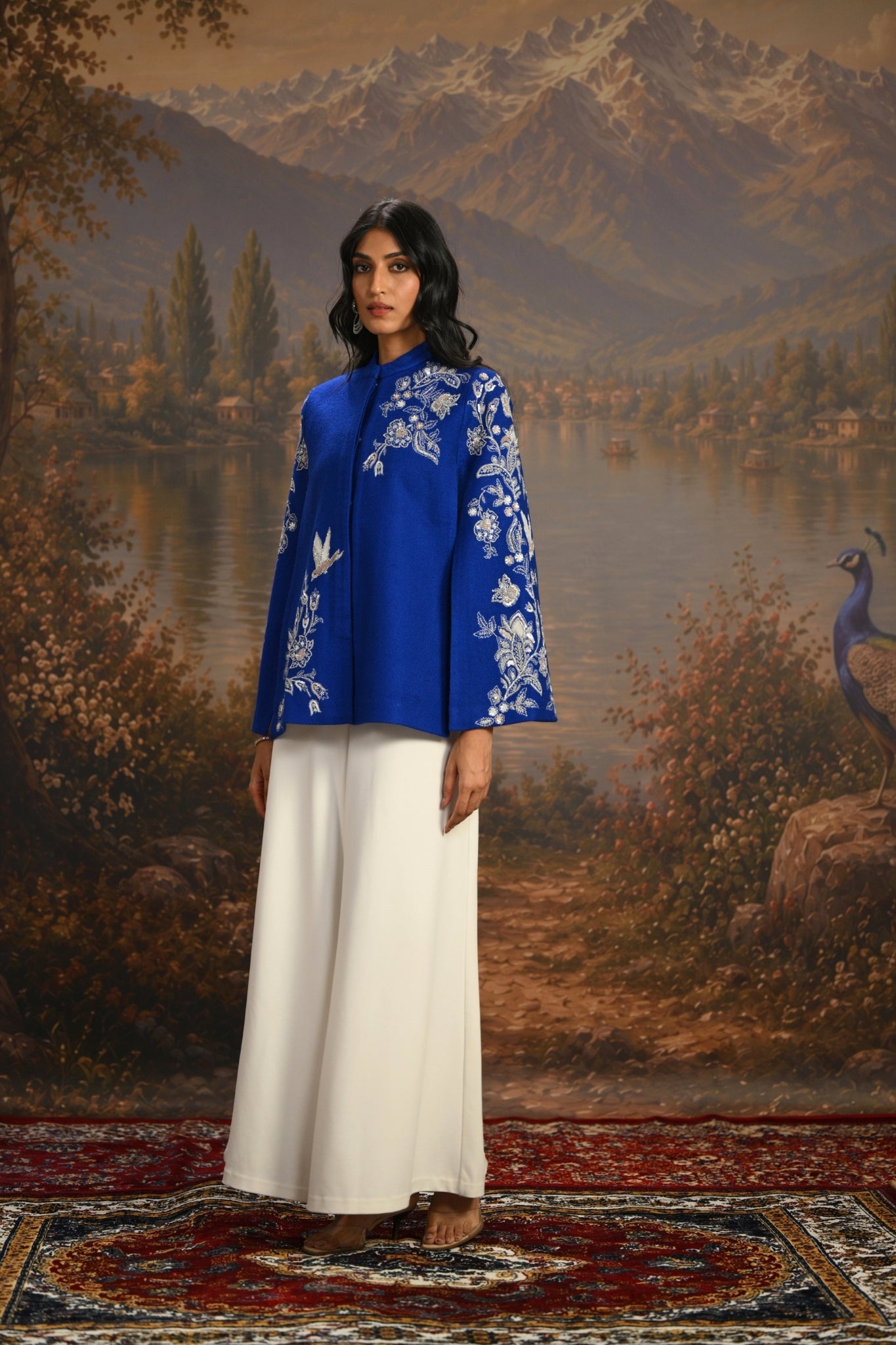 Blue Embroidered Blooming Birds Cape Taroob