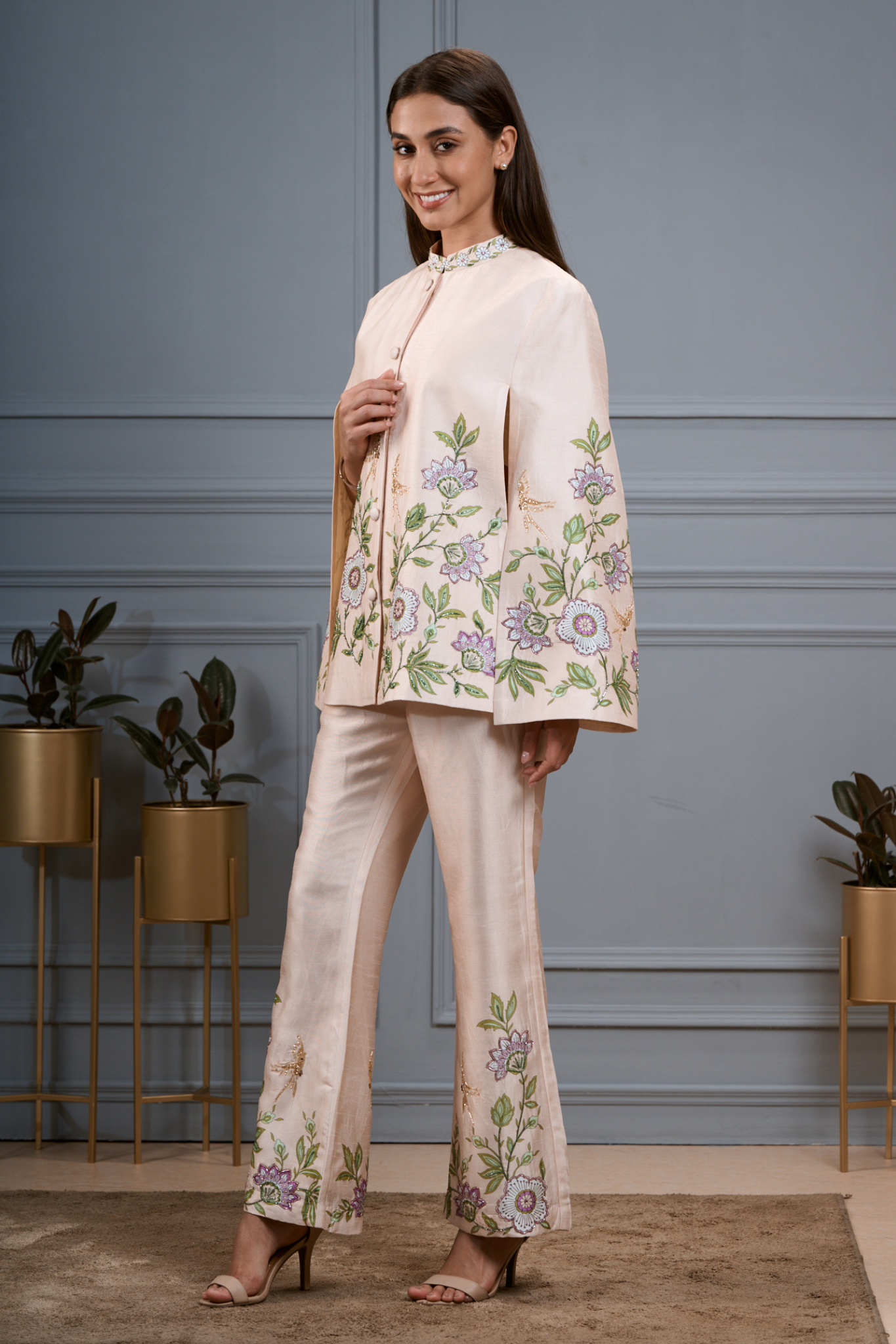 Taroob Embroidered Silk Linen Cape & Pants Co-ord Set