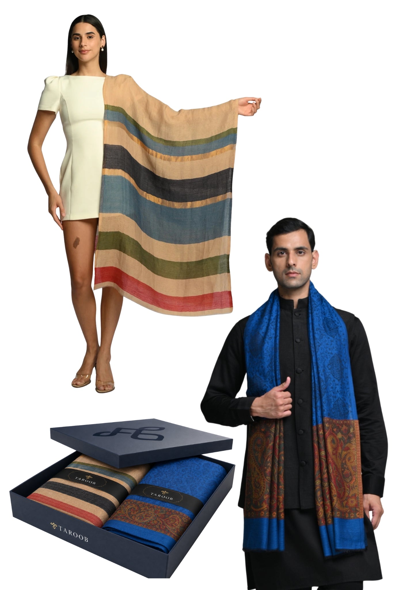 Taroob Gift Set of Wool Zari Stole & Silk Jamawar Stole
