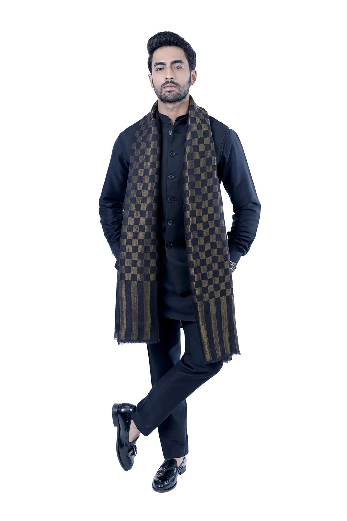 Taroob Couple Gift Set of Checkered Stole for Him & Kashmiri Stole for Her