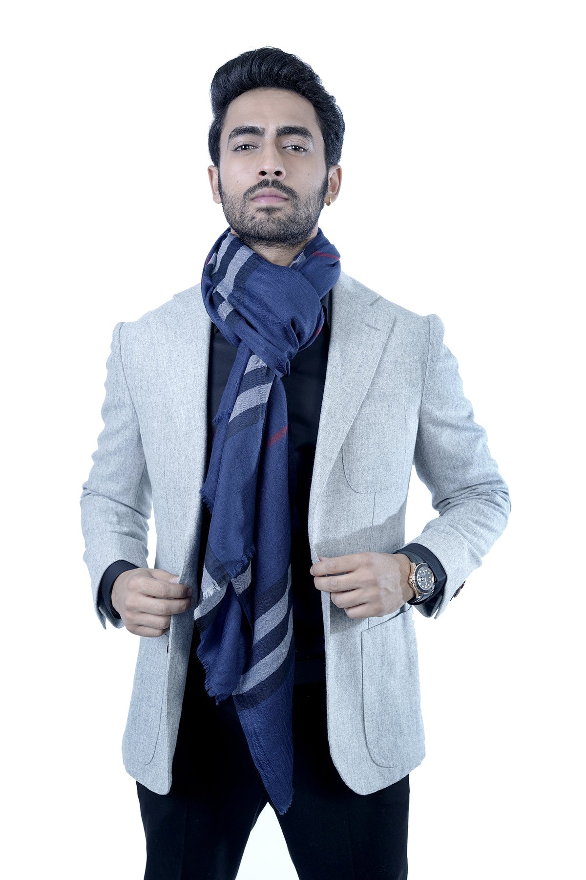 Taroob His & Her Gift Set of Men's Wool Check Scarf & Women's Silk Jamawar Stole