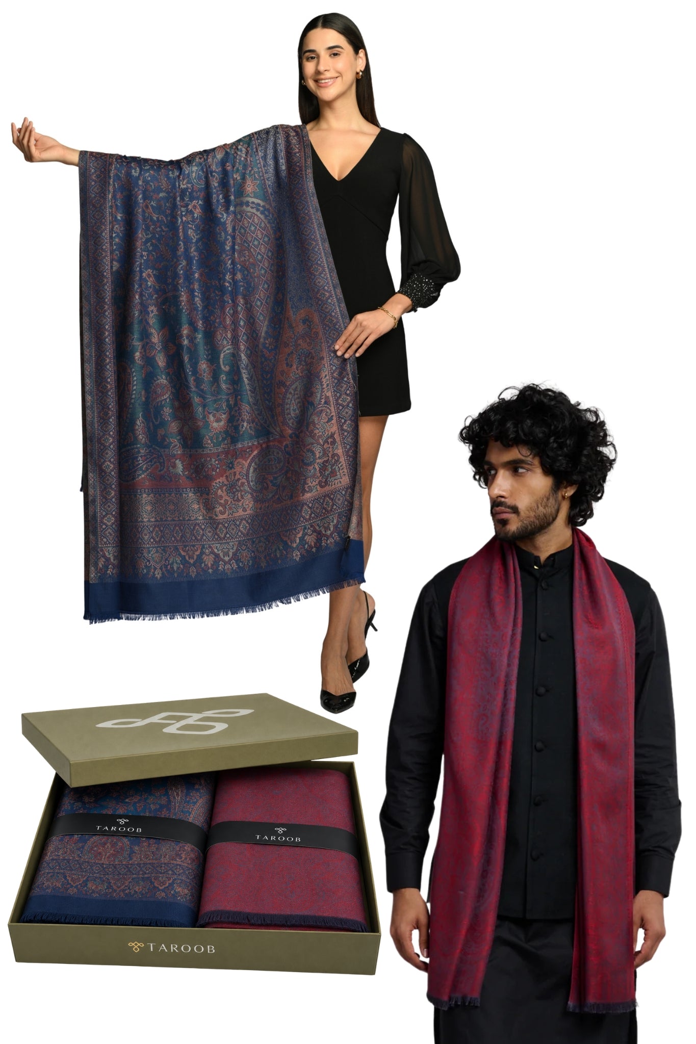 Taroob Gift Set of Superfine Modal Stole for Him & Faux Pashmina Jamawar Shawl for Her in UAE