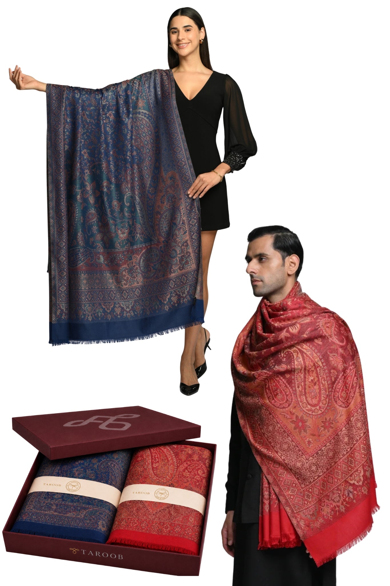 Taroob Gift Set of Faux Pashmina Jamawar Shawls for Him & Her