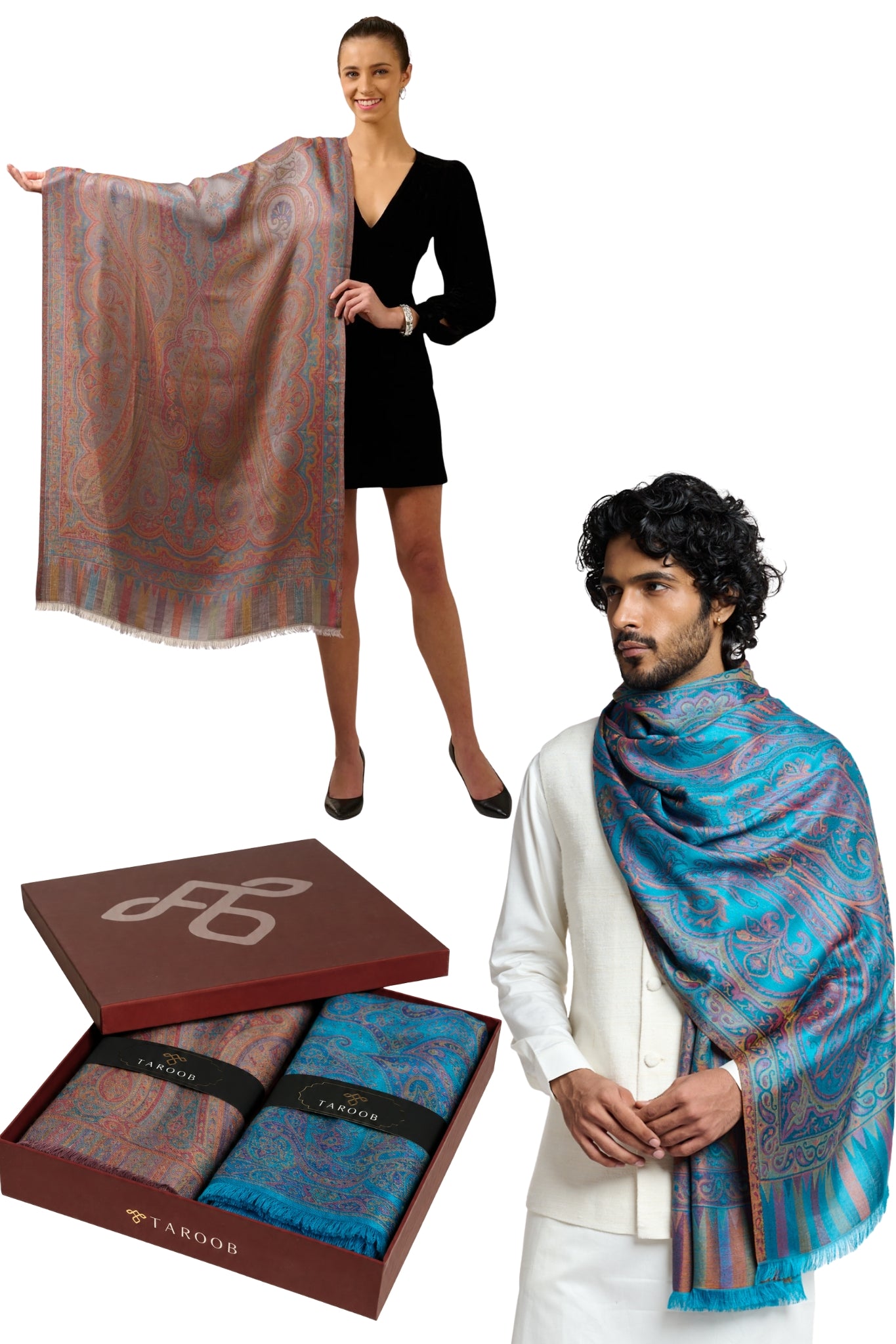 Taroob Couple Gift Set of Kashmiri Silk Jamawar Stoles for Him & Her