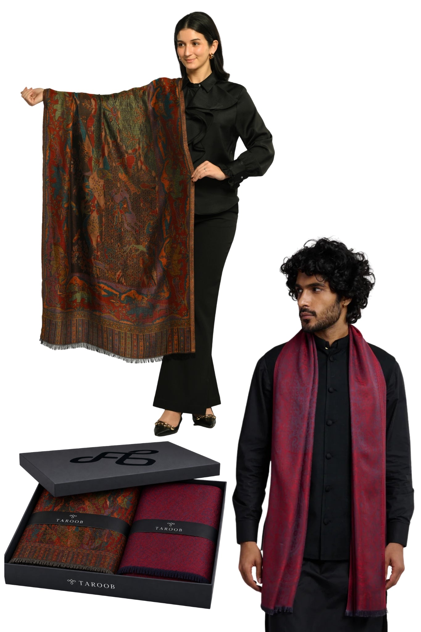 Taroob Couple Gift Set of Regal Kasmiri Jamawar Stoles for Him & Her