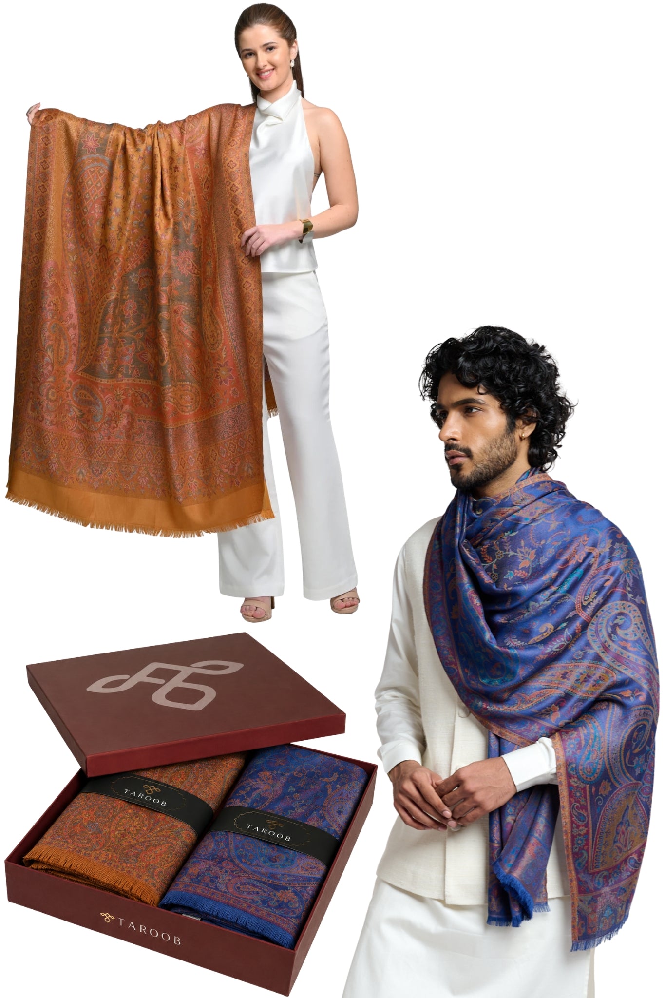 Taroob Gift Set of Faux Pashmina Jamawar Shawl & Silk Jamawar Stole