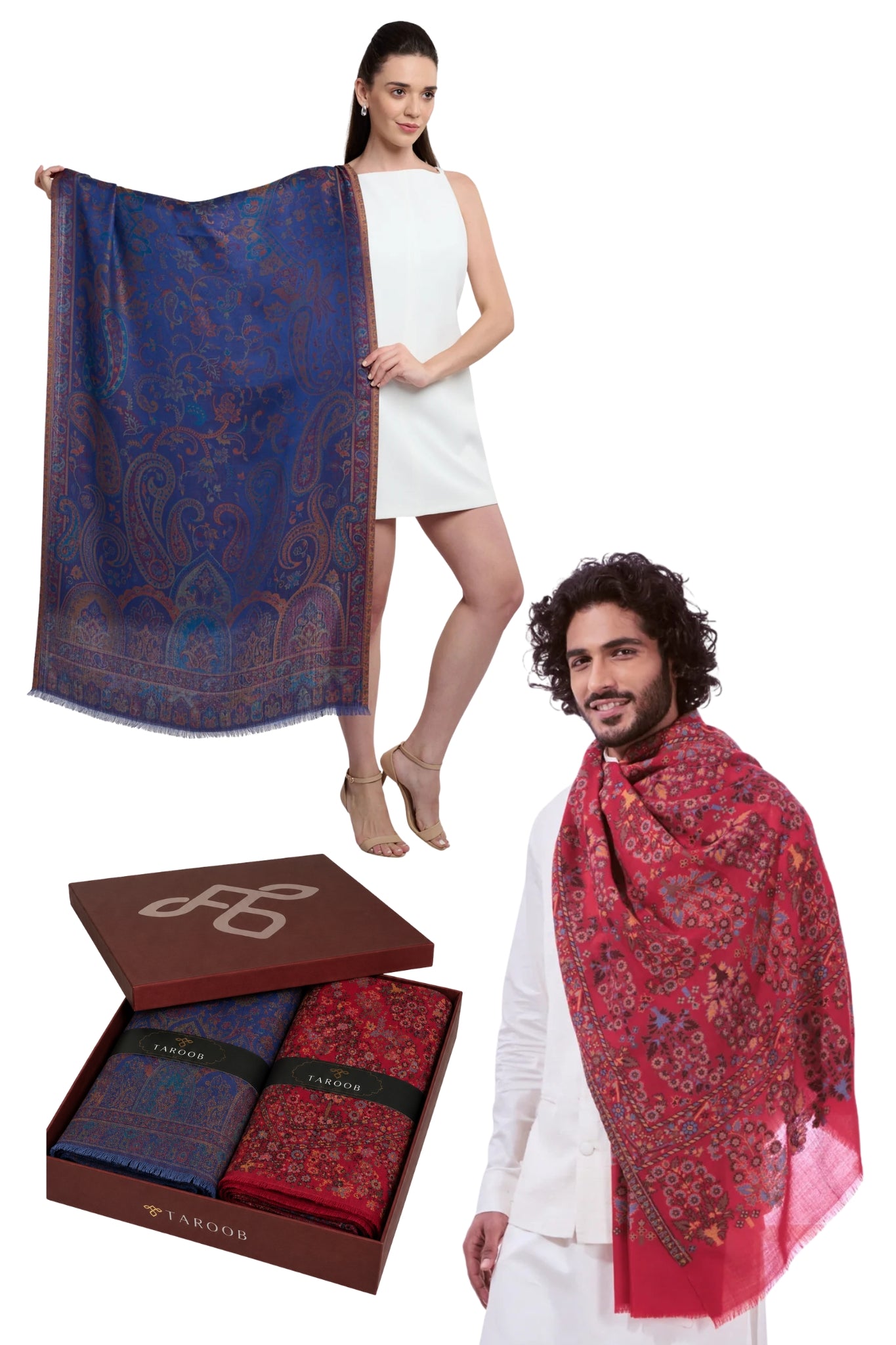 Taroob Couple Gift Set of Wool Silk Stole for Him & Silk Stole for Her in UAE