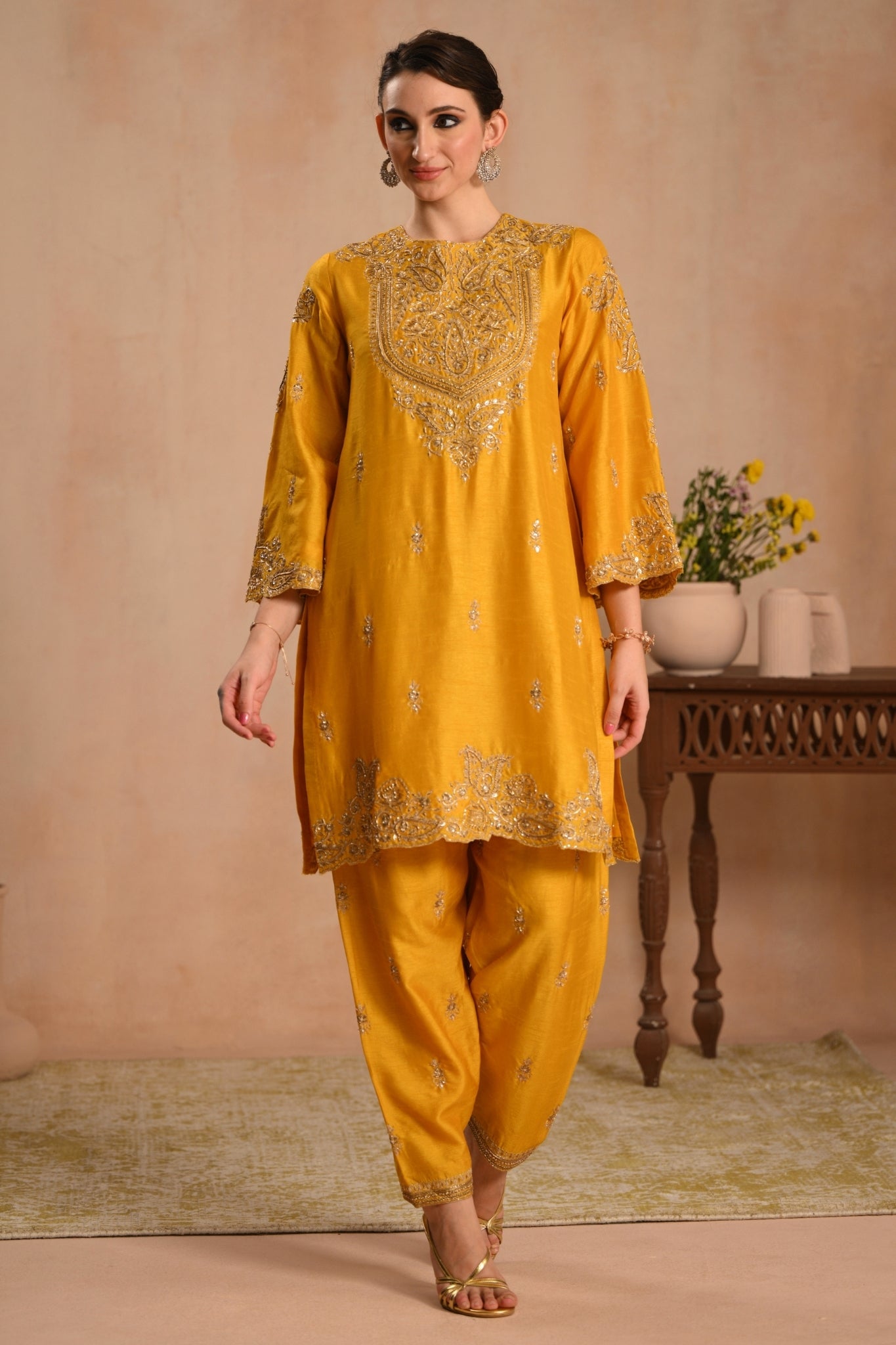Women's Mustard Zarqash Hand Embroidered Kurta Set Taroob