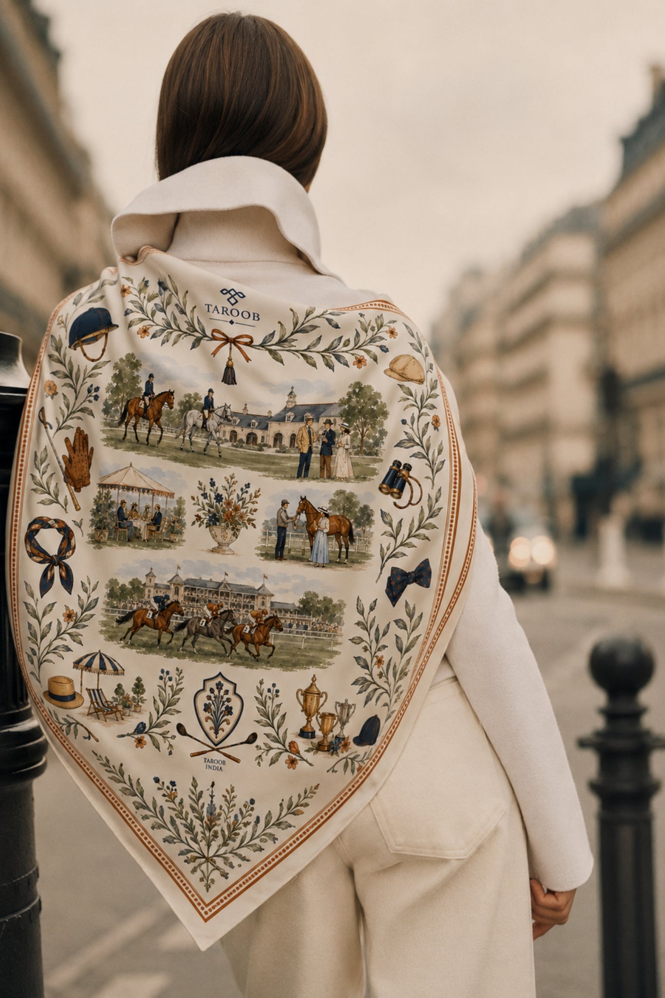 Cream Royal Polo Club Silk Satin Scarf Taroob