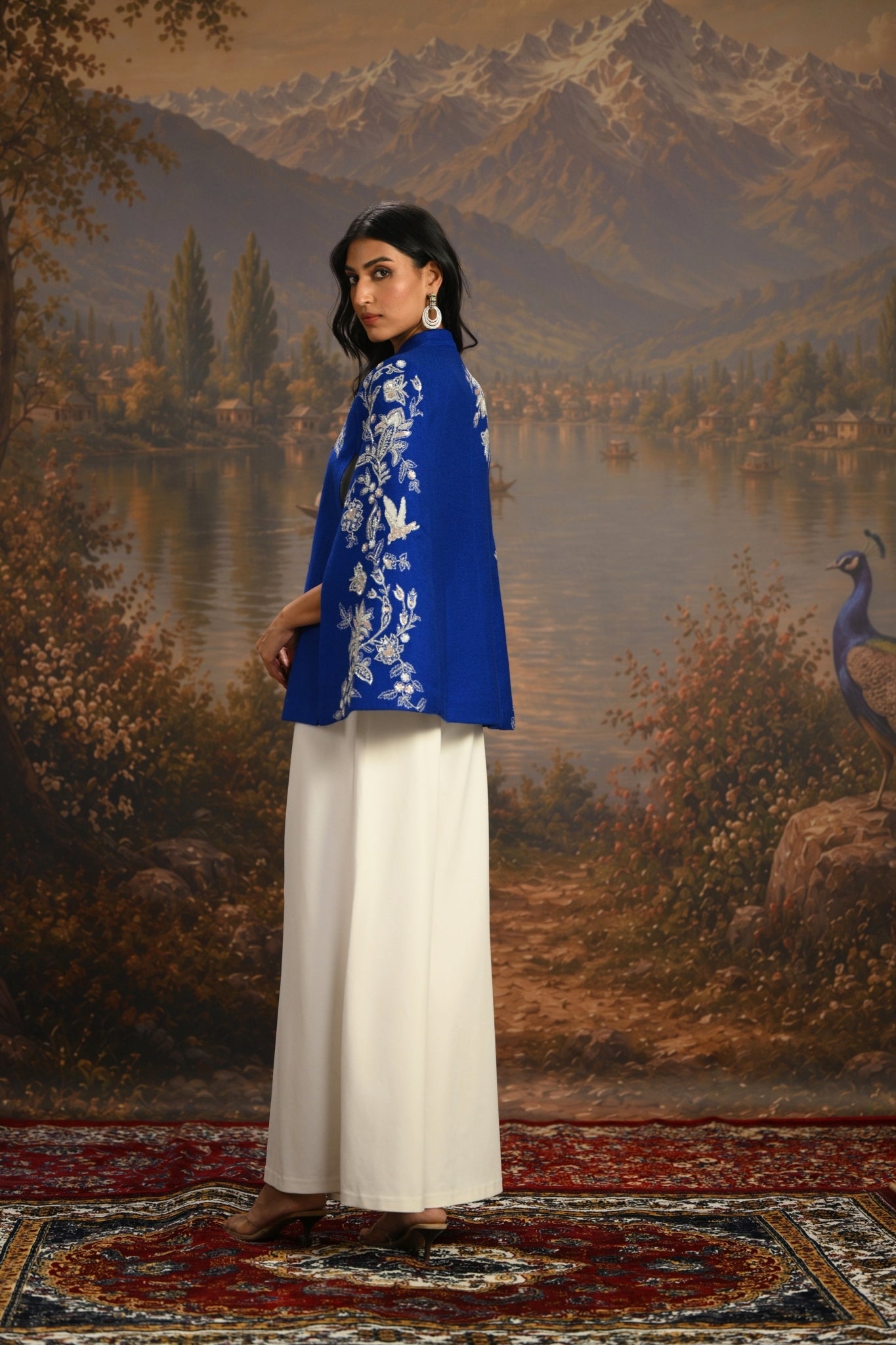 Blue Embroidered Blooming Birds Cape Taroob