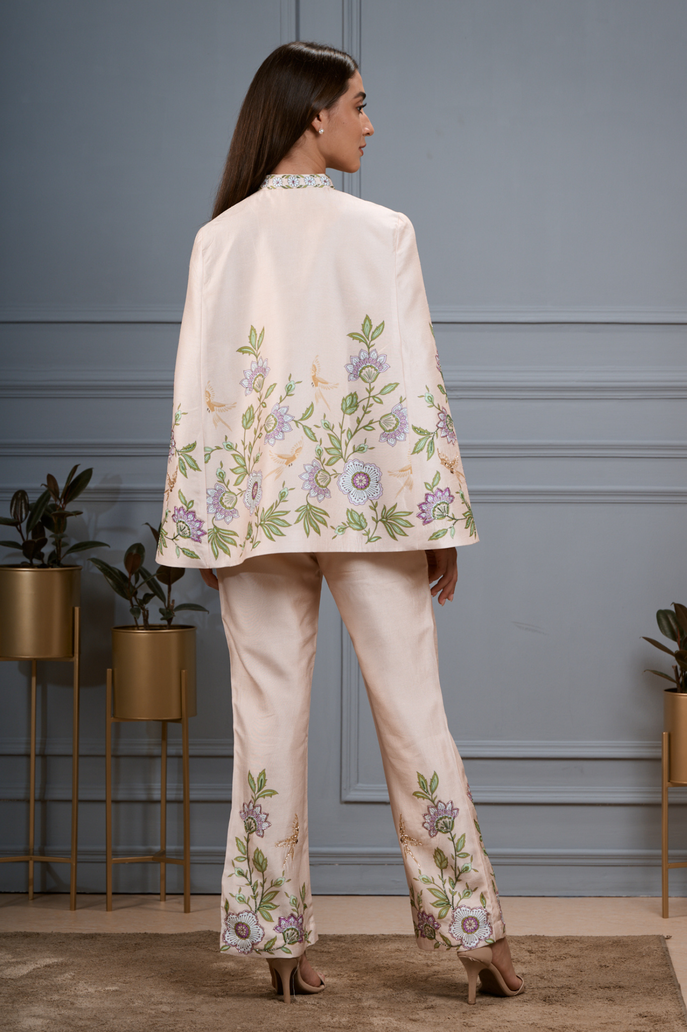 Taroob Embroidered Silk Linen Cape & Pants Co-ord Set