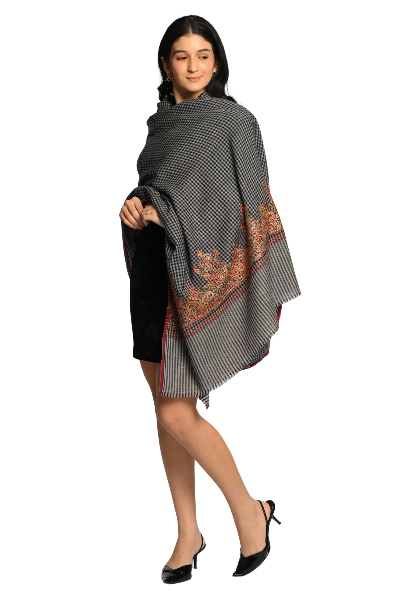 Taroob Embroidered Wool Checkered Shawl