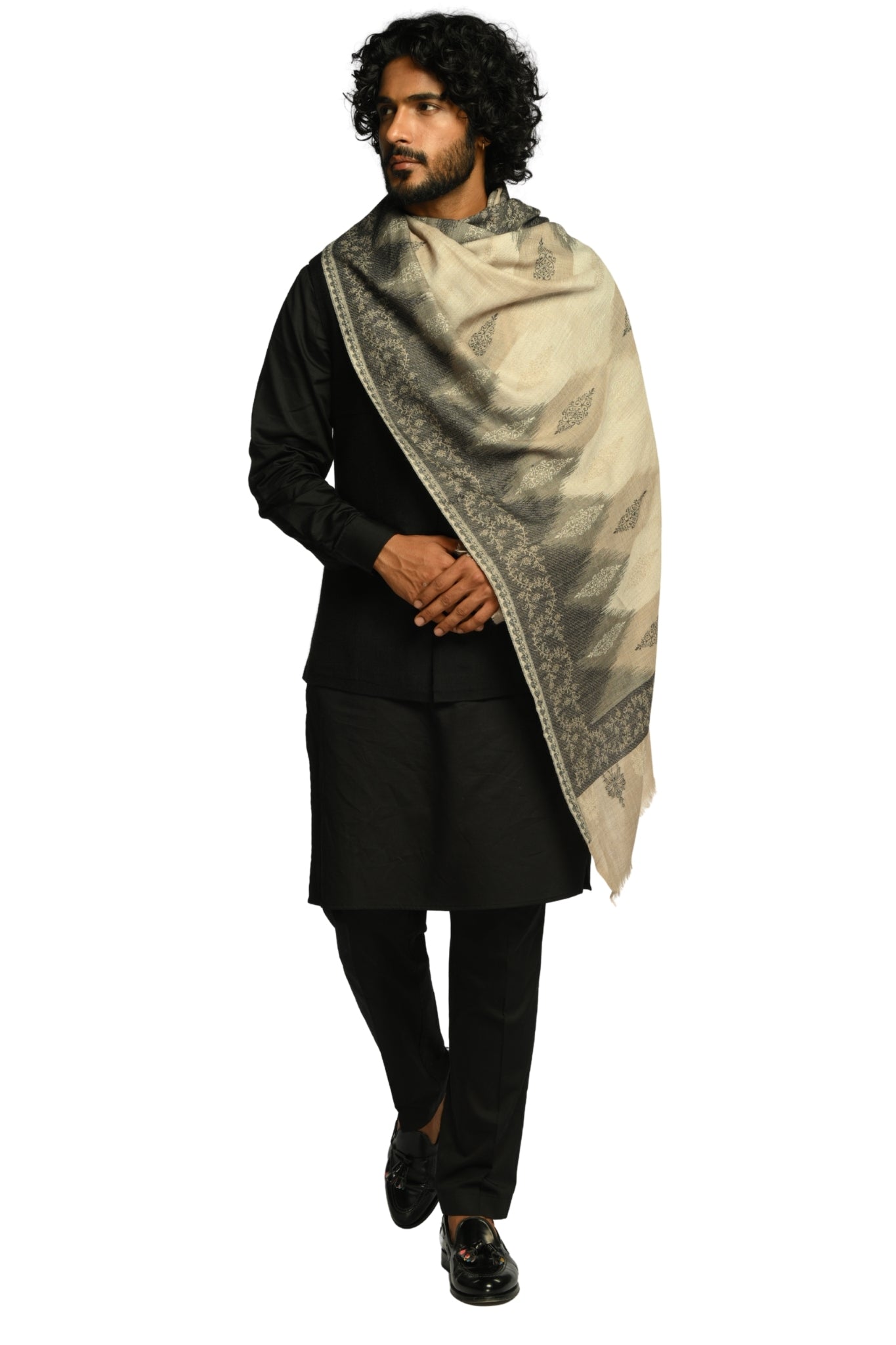 Men's Beige Ikat Kaani Jacquard Wool Stole Taroob