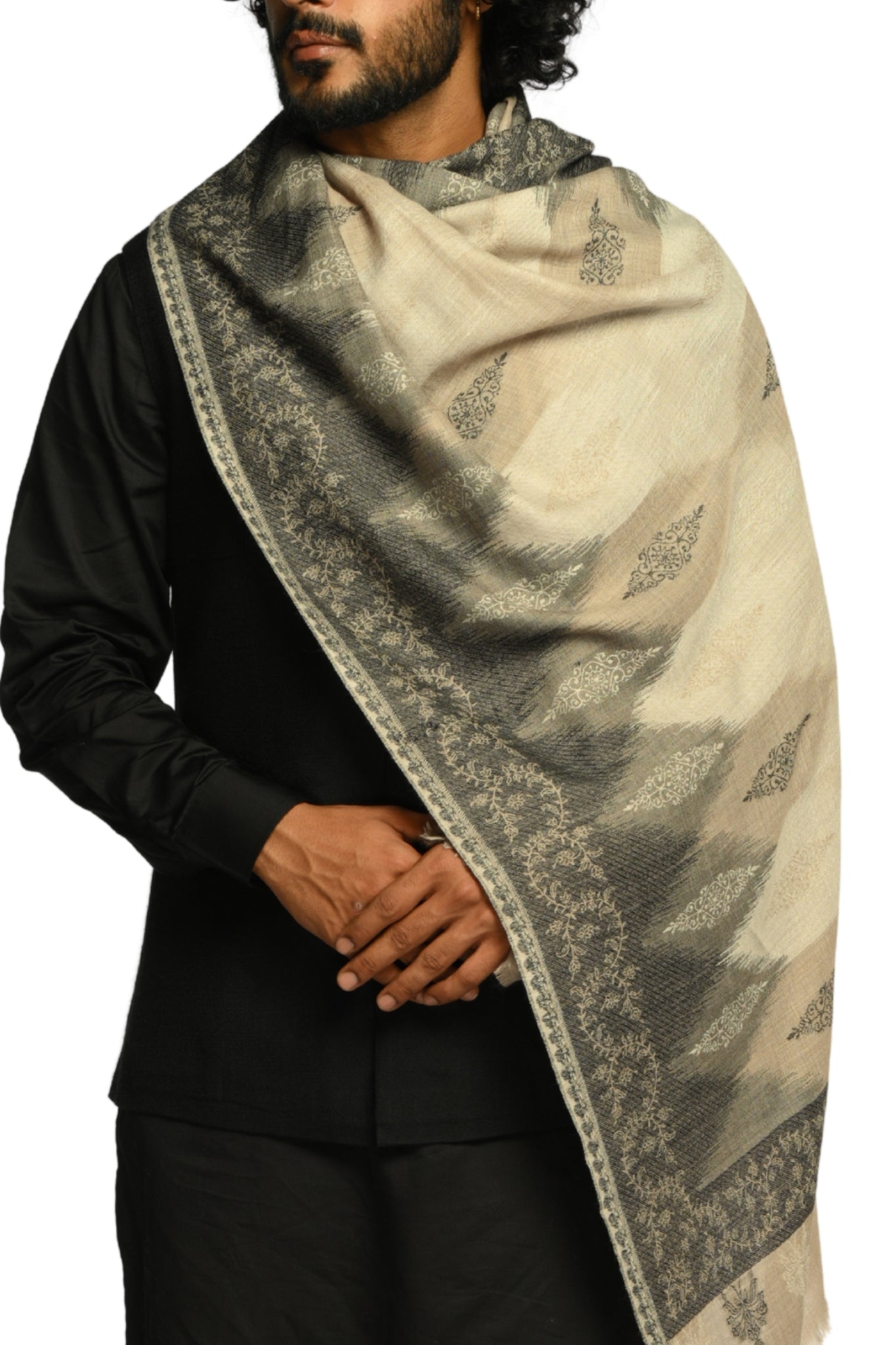Men's Beige Ikat Kaani Jacquard Wool Stole Taroob