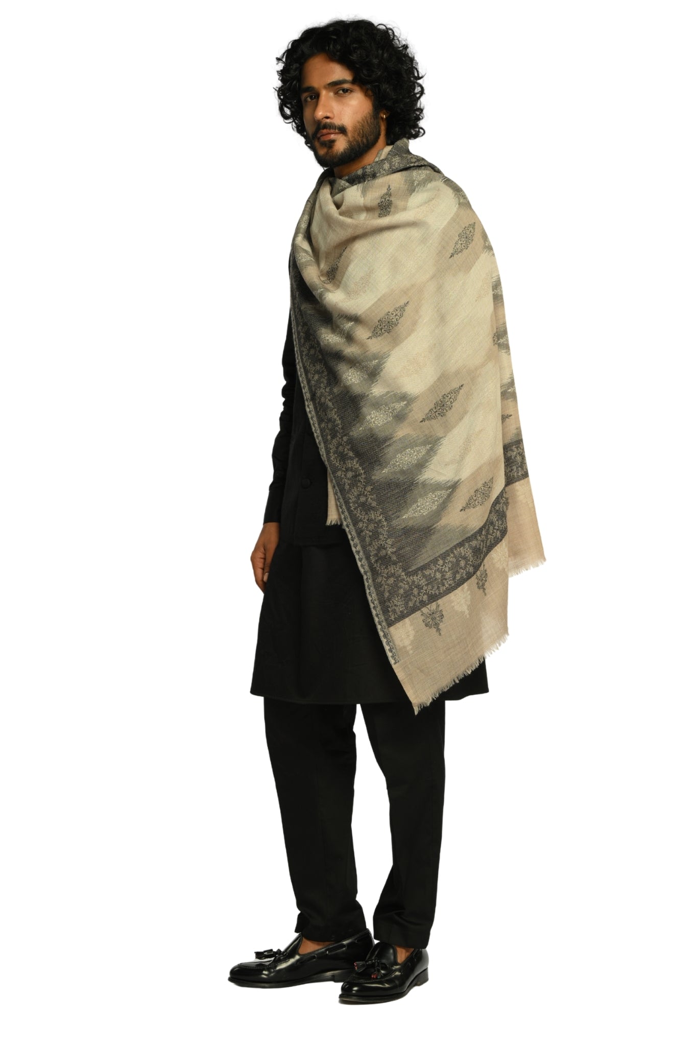 Men's Beige Ikat Kaani Jacquard Wool Stole Taroob