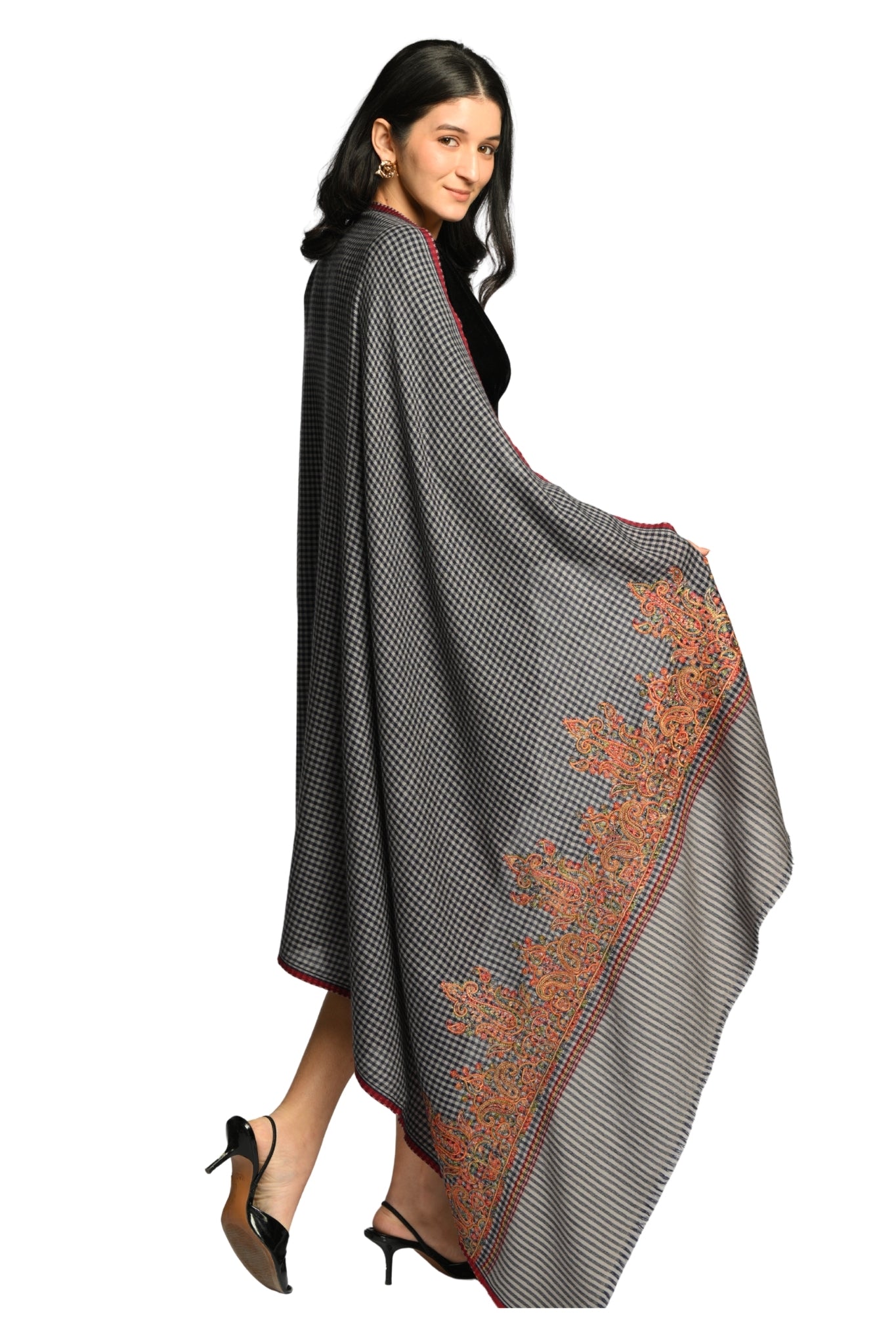 Taroob Embroidered Wool Checkered Shawl
