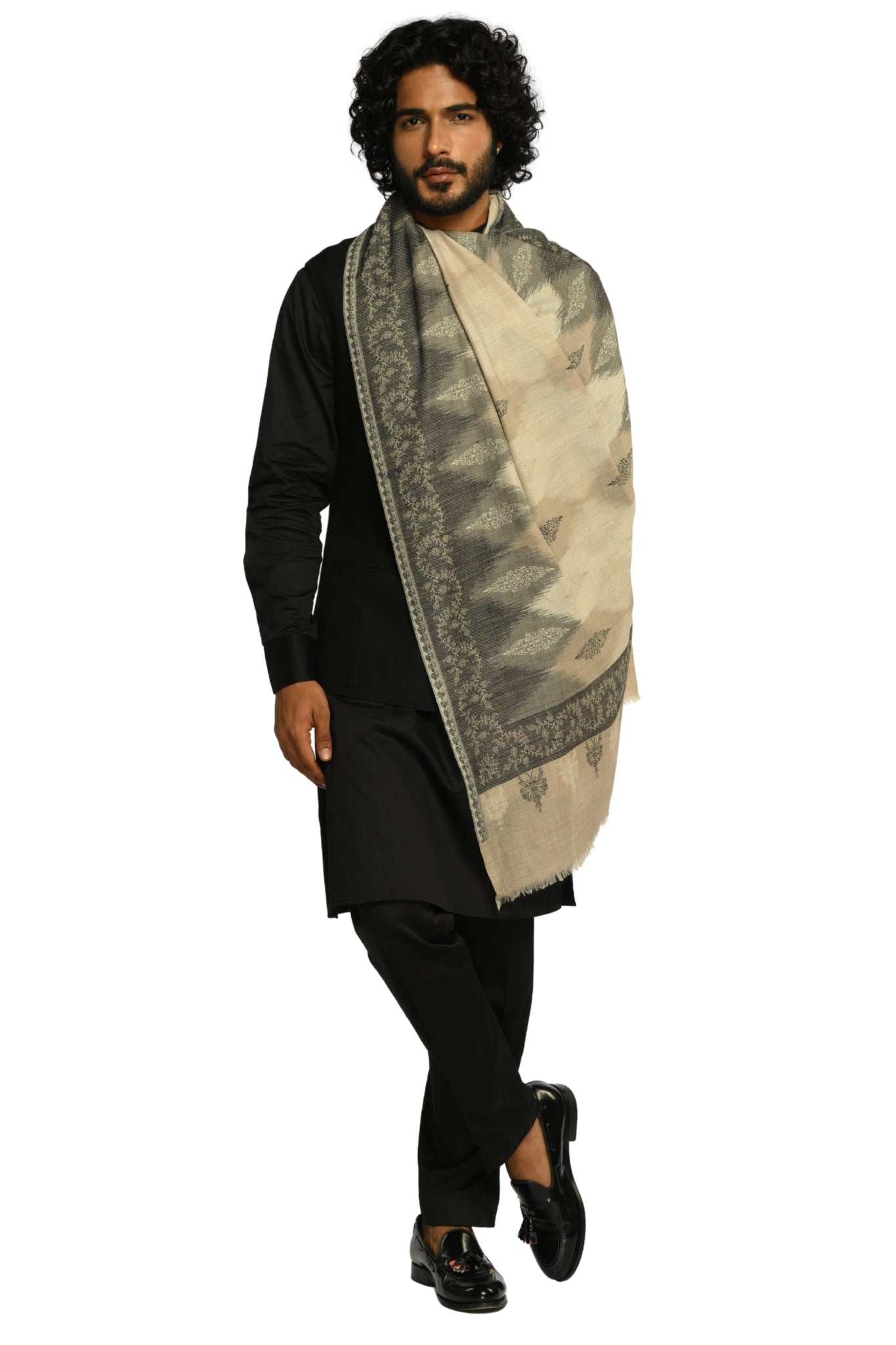 Men's Beige Ikat Kaani Jacquard Wool Stole Taroob