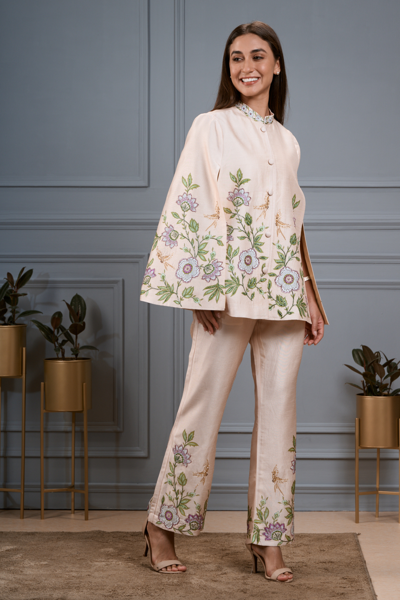 Taroob Embroidered Silk Linen Cape & Pants Co-ord Set