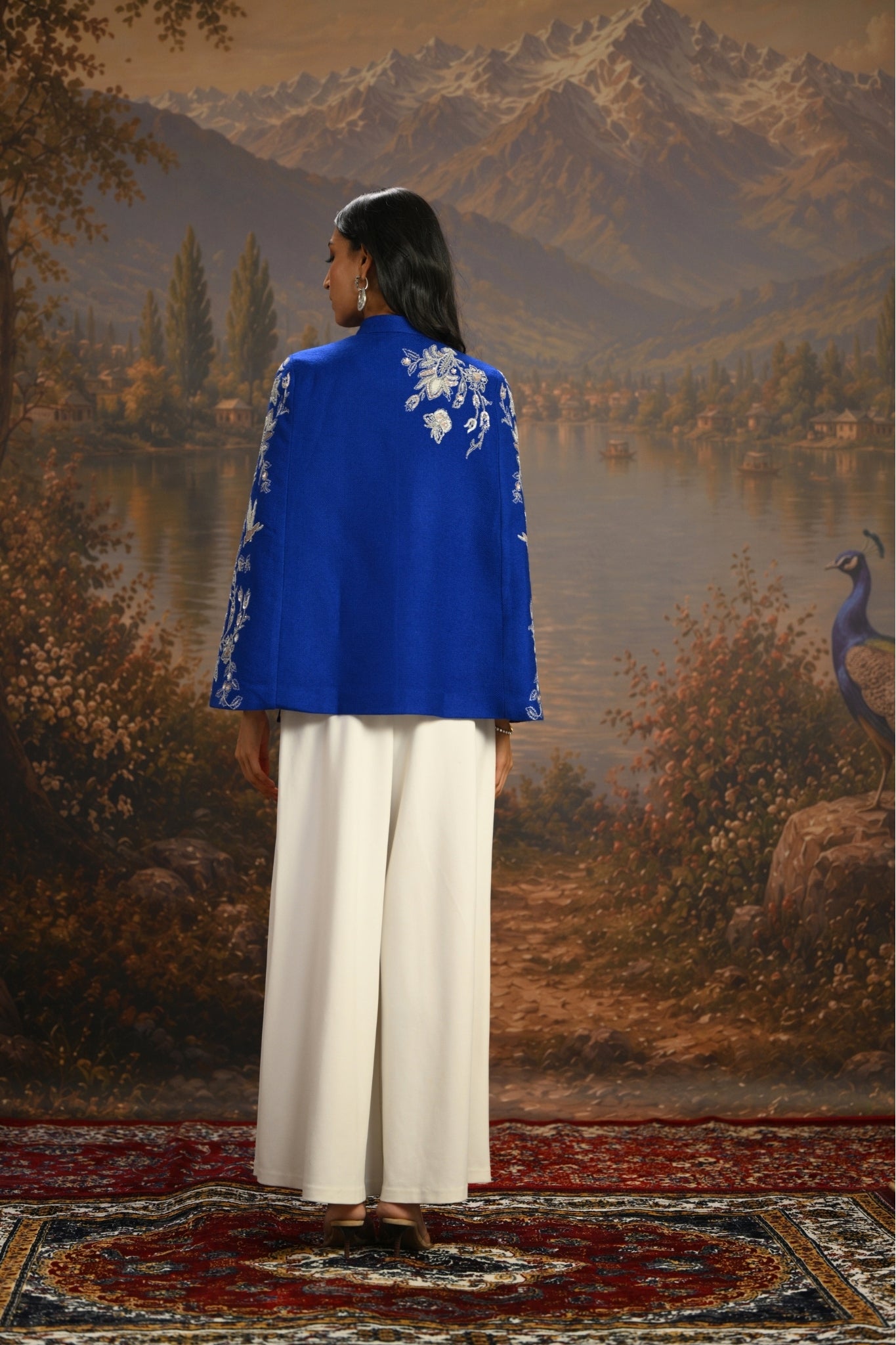 Blue Embroidered Blooming Birds Cape Taroob