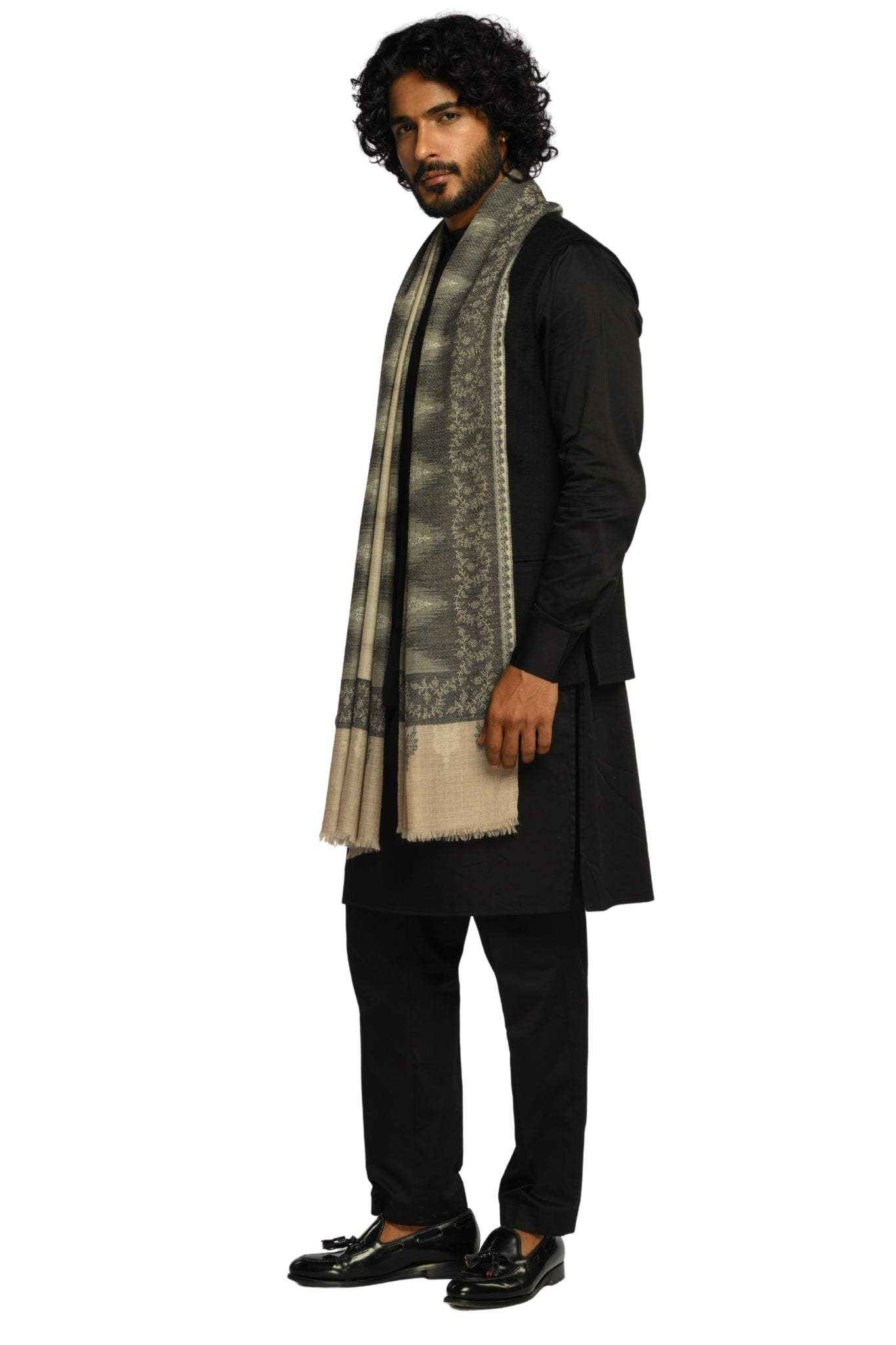 Men's Beige Ikat Kaani Jacquard Wool Stole Taroob
