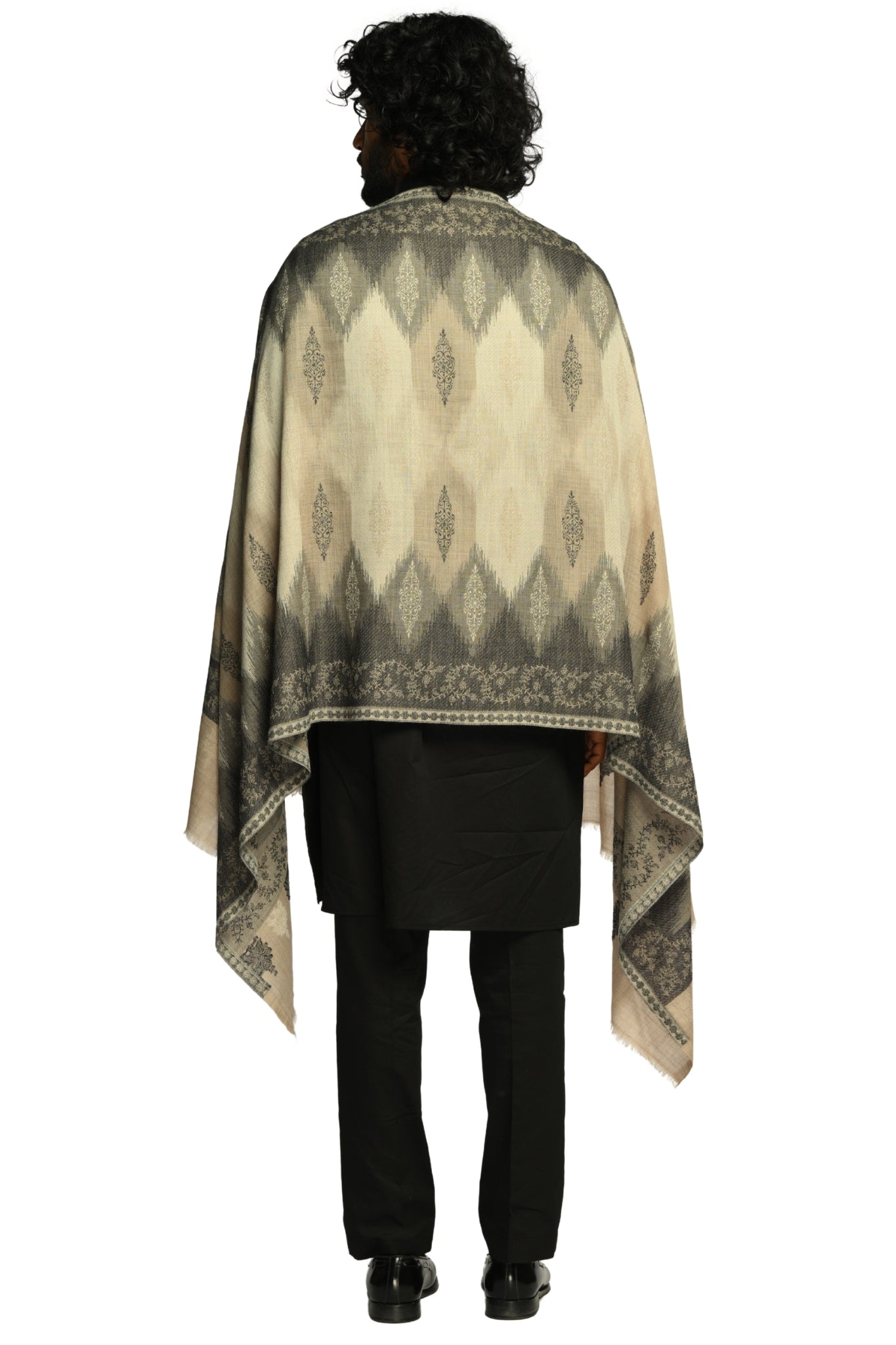 Men's Beige Ikat Kaani Jacquard Wool Stole Taroob