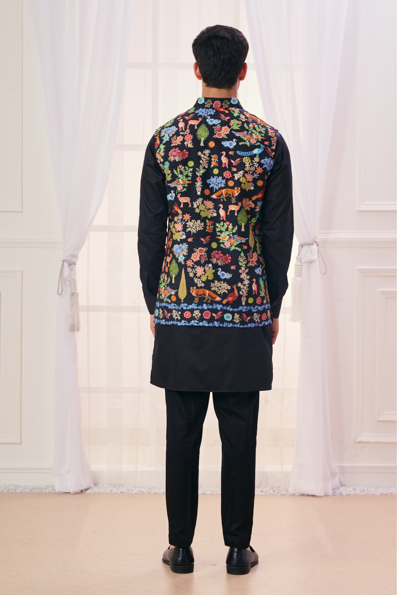 Taroob Silk Linen Safari Nehru Jacket with Embroidered Highlights