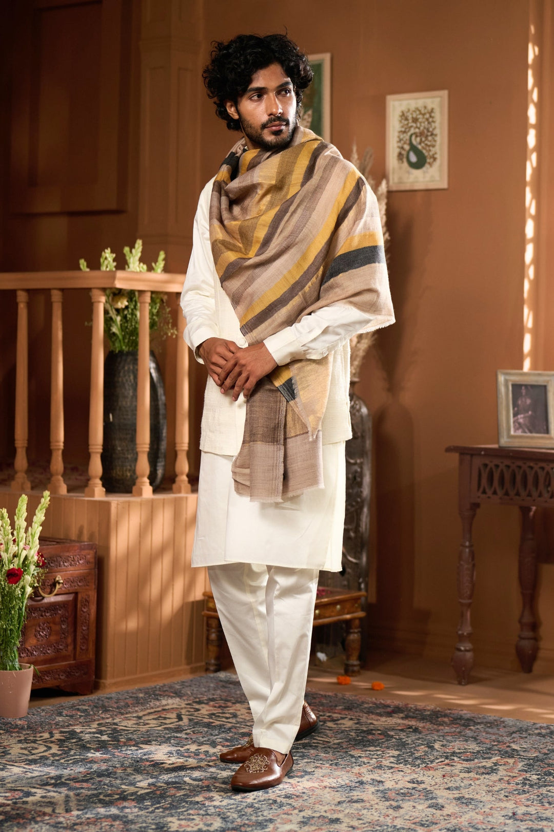 Taroob Multi Striper Soft  Wool Zari Stole