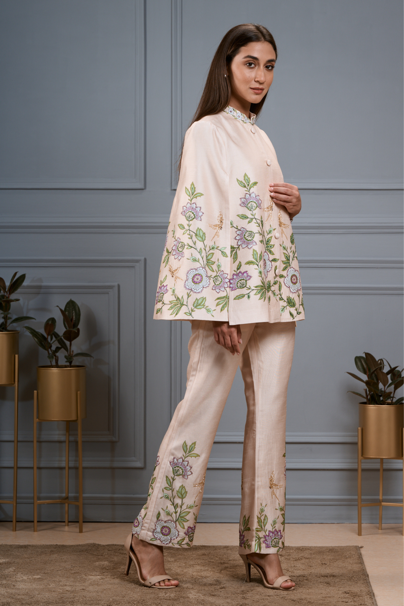 Taroob Embroidered Silk Linen Cape & Pants Co-ord Set