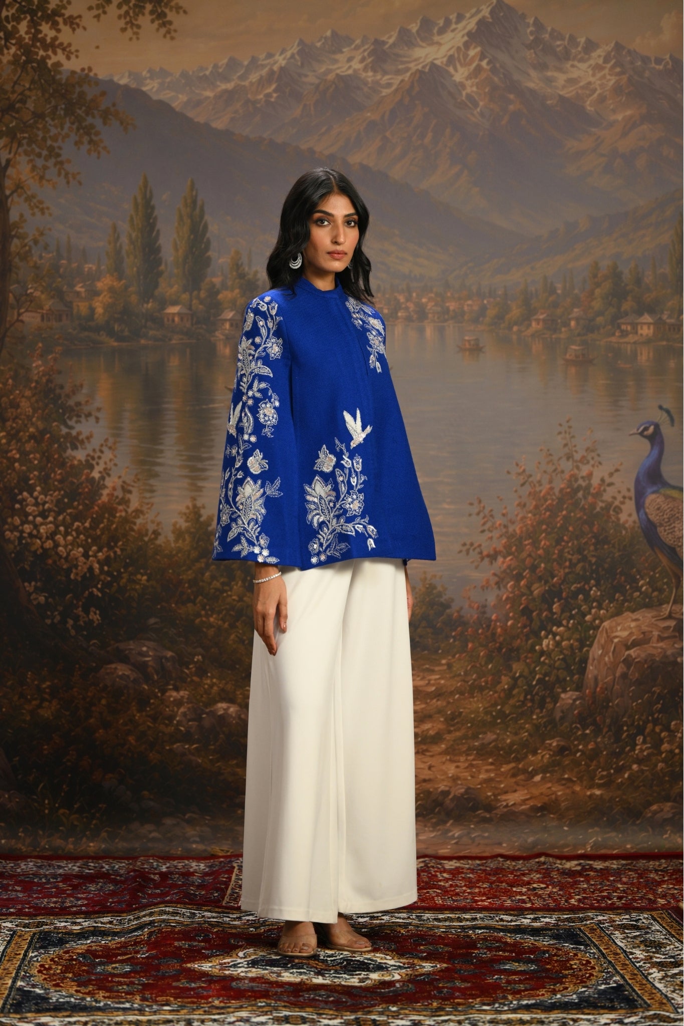 Blue Embroidered Blooming Birds Cape Taroob