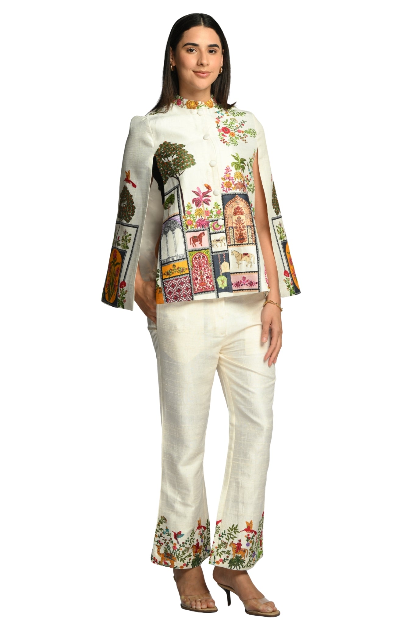 Taroob Embroidered Silk Linen Cape & Pants Co-ord Set