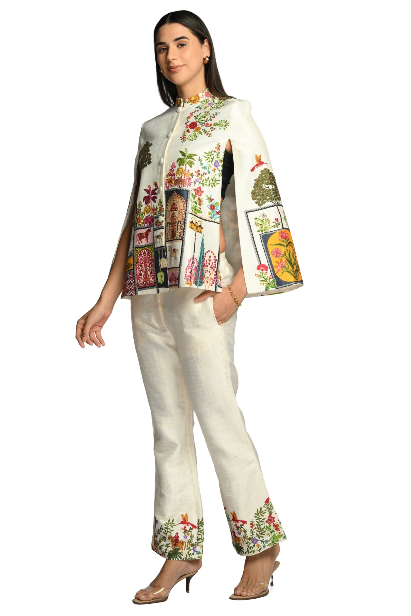 Taroob Embroidered Silk Linen Cape & Pants Co-ord Set