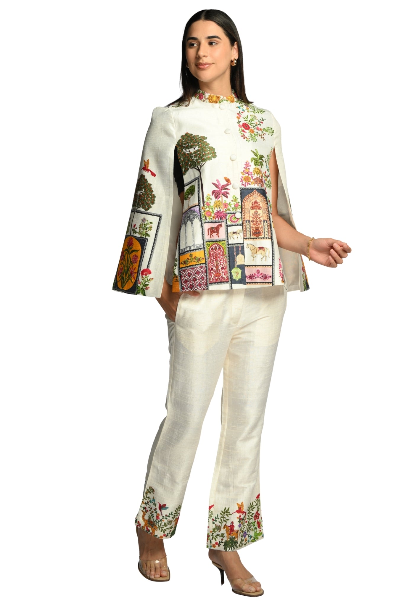 Taroob Embroidered Silk Linen Cape & Pants Co-ord Set