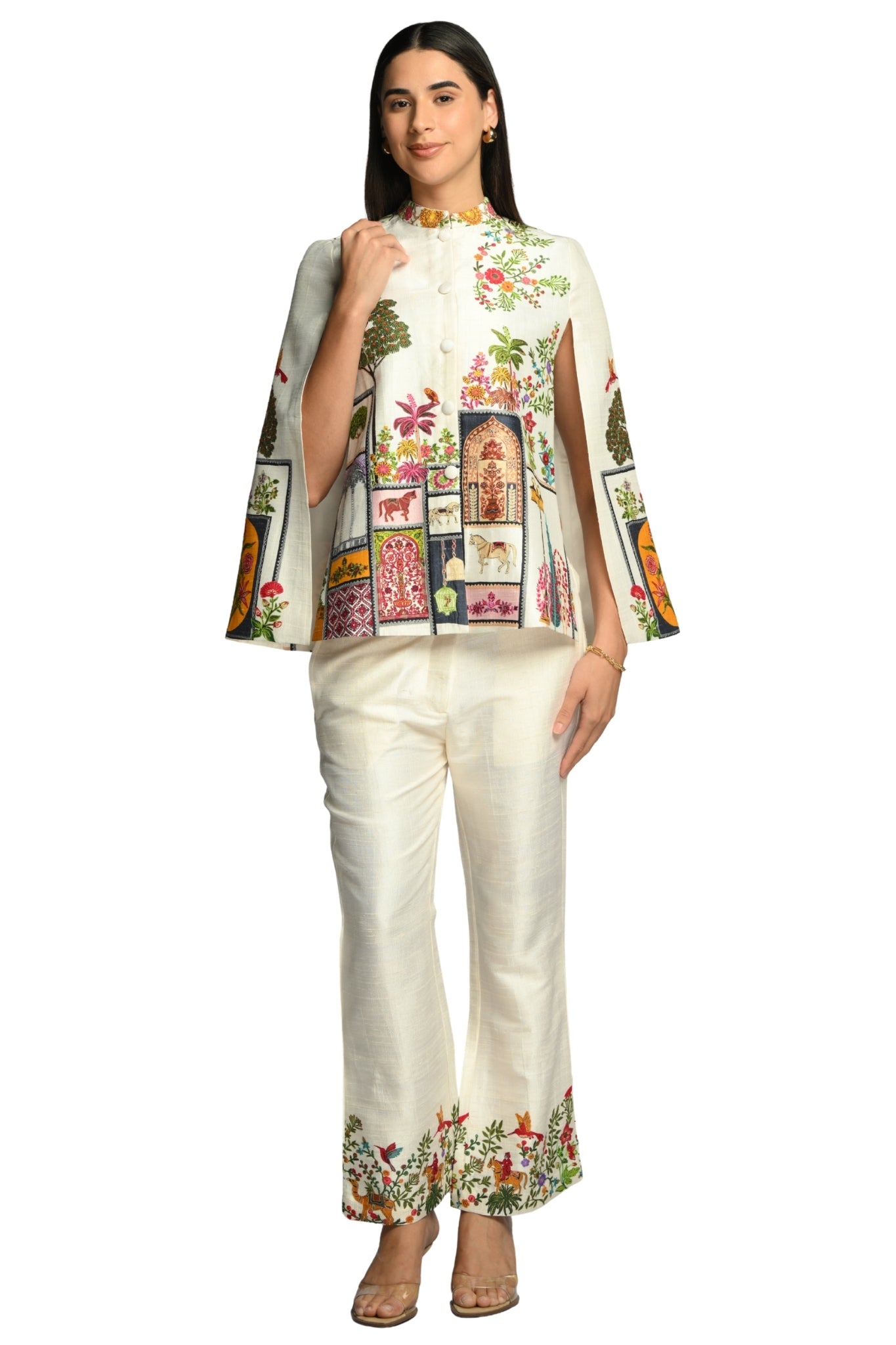Taroob Embroidered Silk Linen Cape & Pants Co-ord Set
