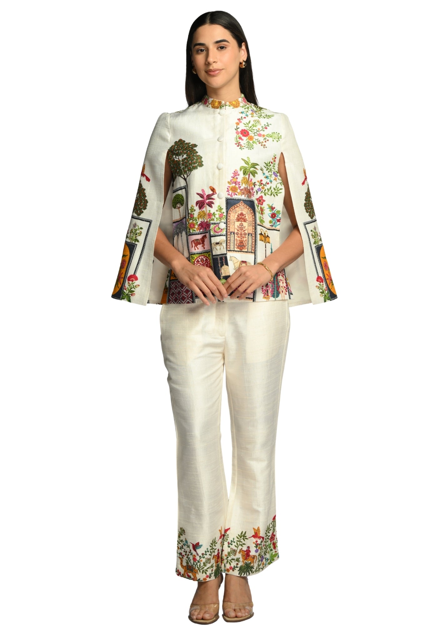 Taroob Embroidered Silk Linen Cape & Pants Co-ord Set