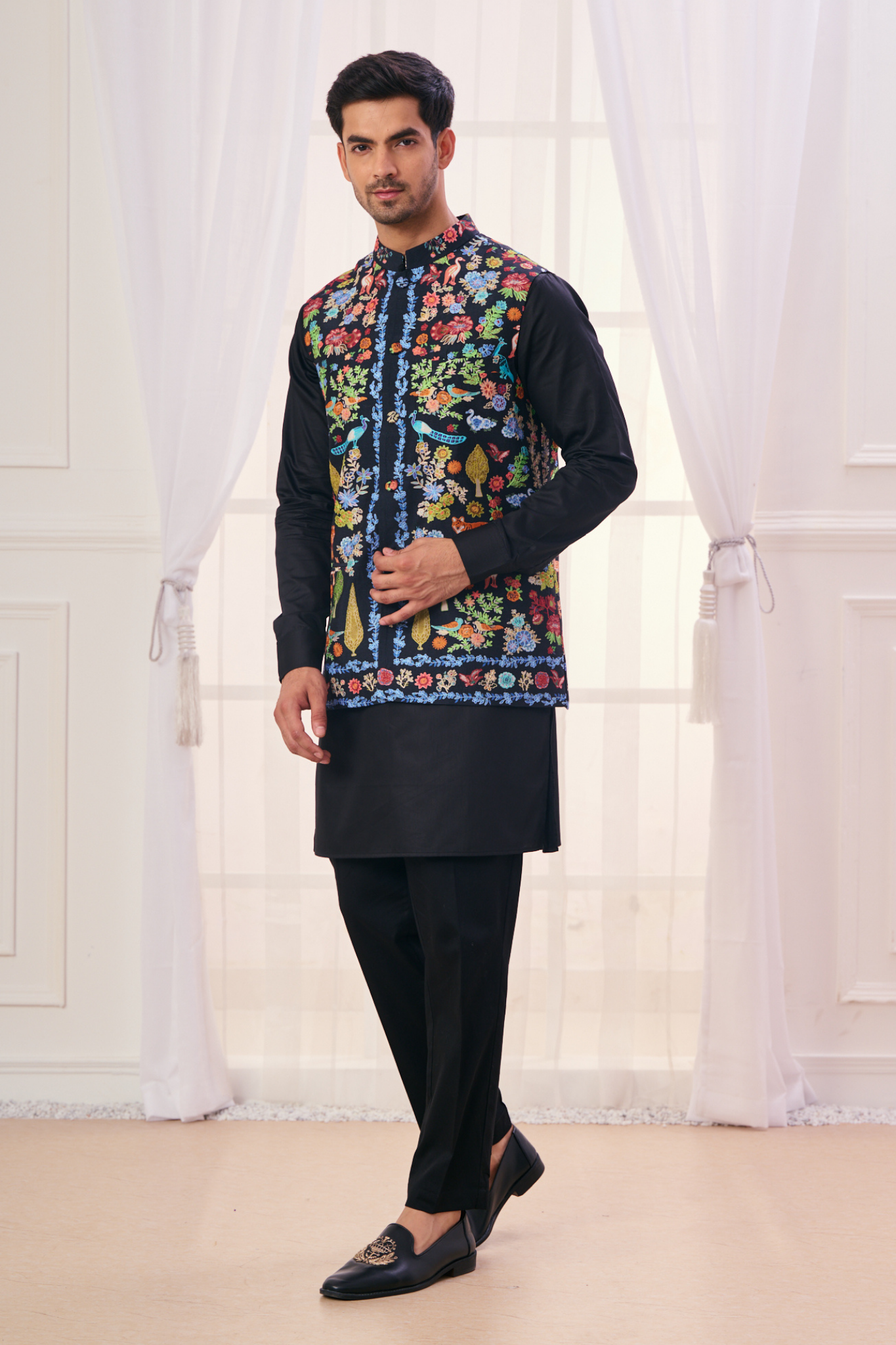 Taroob Silk Linen Safari Nehru Jacket with Embroidered Highlights