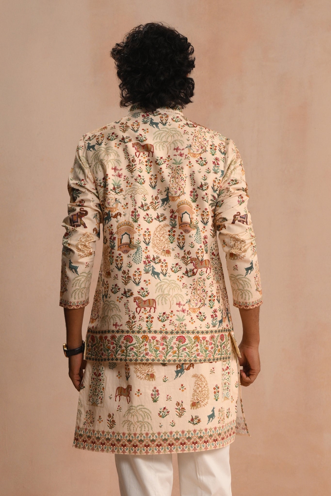 Men's Beige Safarnama Embroidered Nehru Jacket Taroob
