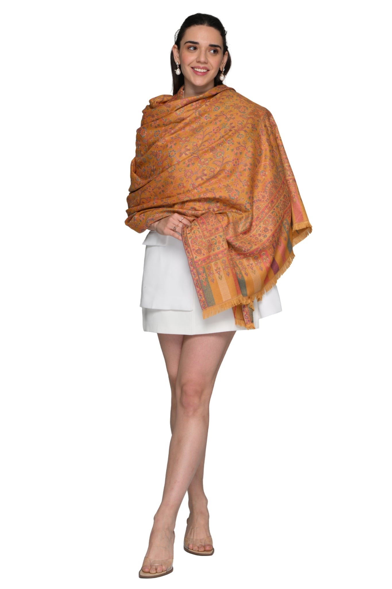 Faux Pashmina Antique Kaani Shawl – Women's – Styling view | Taroob