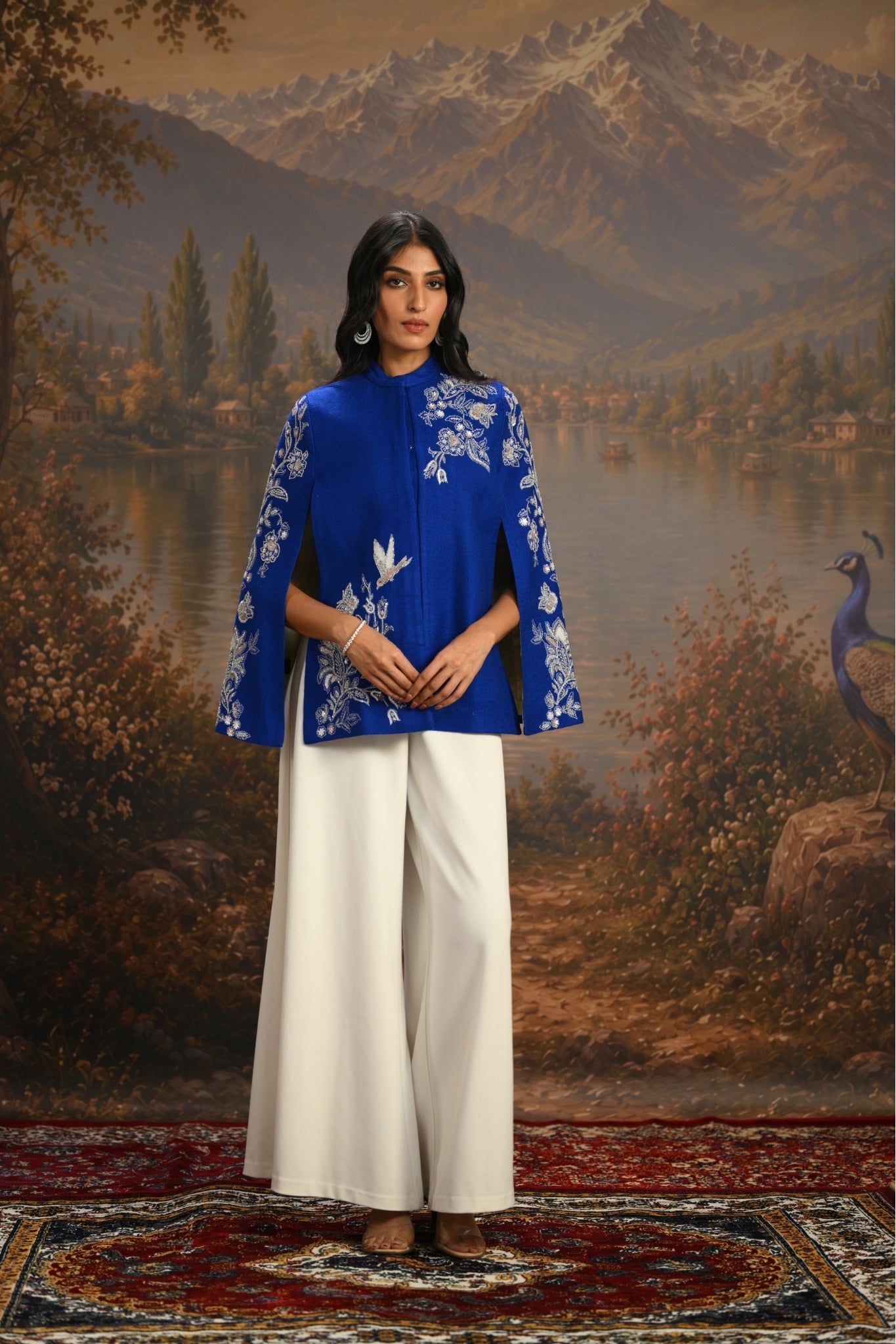 Blue Embroidered Blooming Birds Cape Taroob