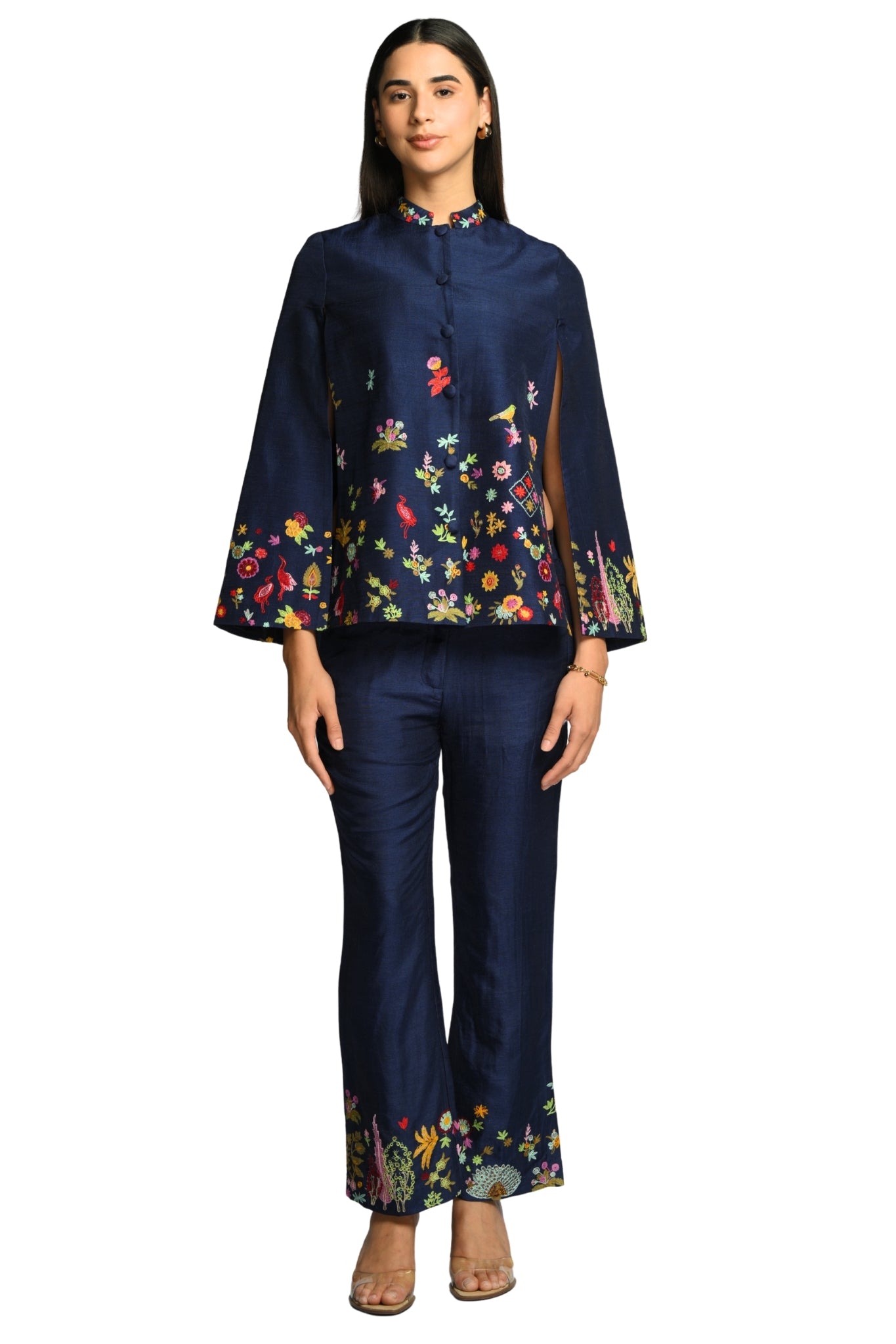 Taroob Embroidered Silk Linen Cape & Pants Co-ord Set