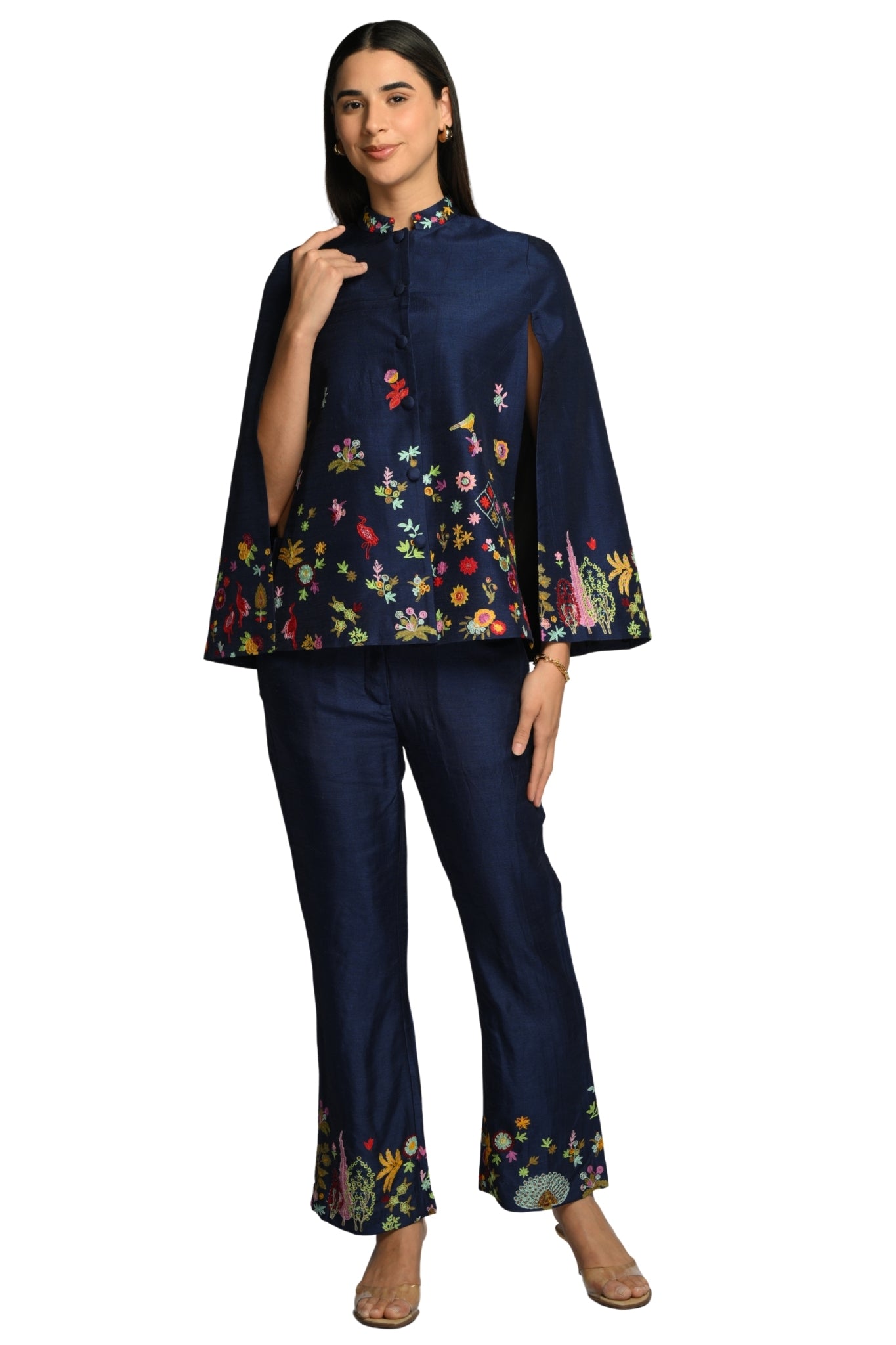 Taroob Embroidered Silk Linen Cape & Pants Co-ord Set