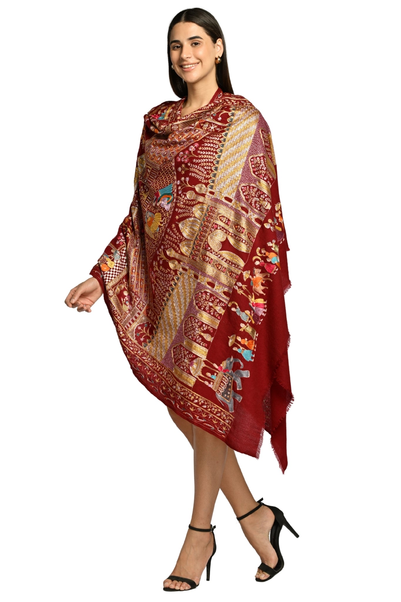 Maroon Pure Pashmina Mughal Tilla Shawl, Hand Embroidered Taroob