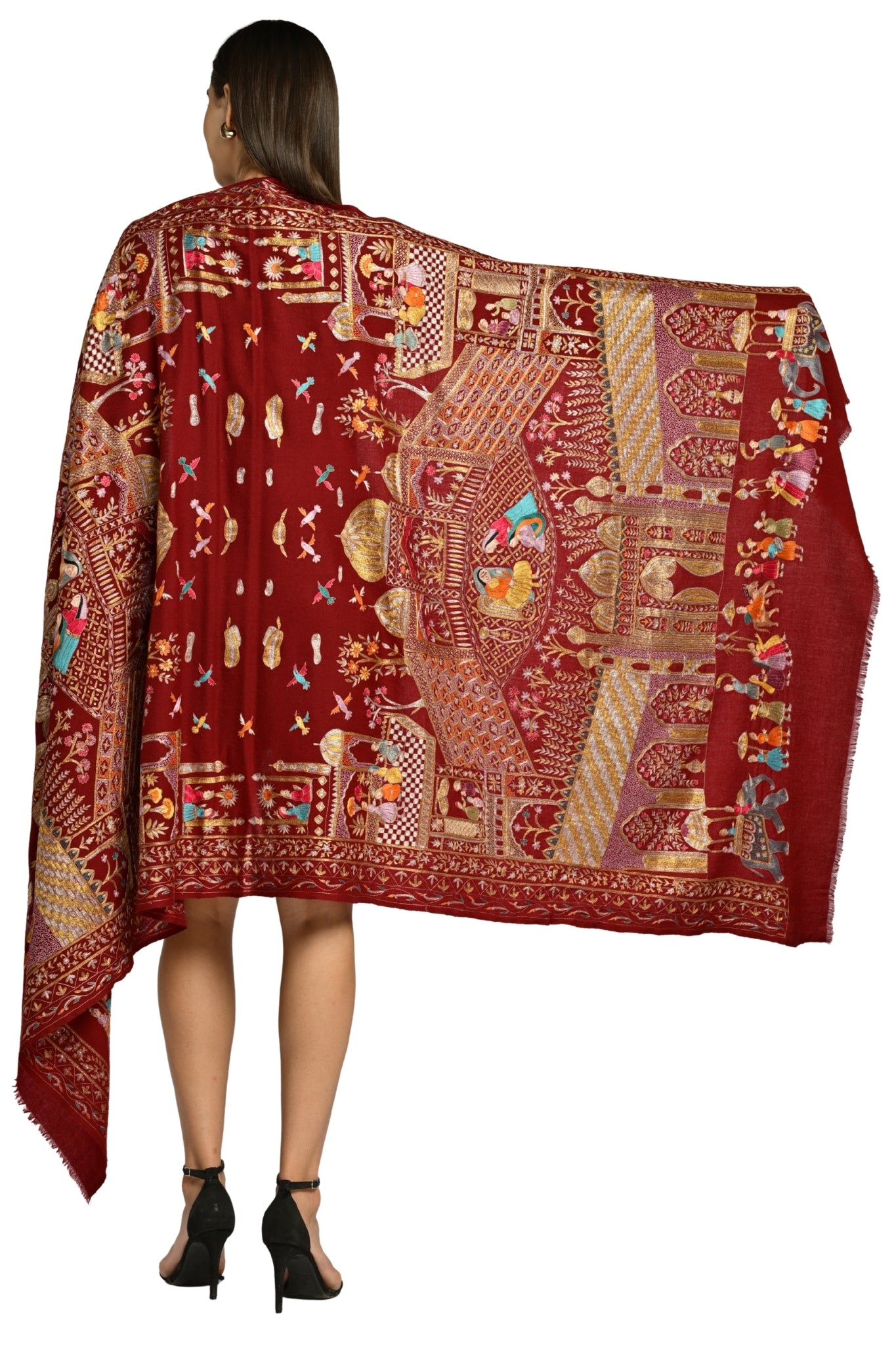 Maroon Pure Pashmina Mughal Tilla Shawl, Hand Embroidered Taroob