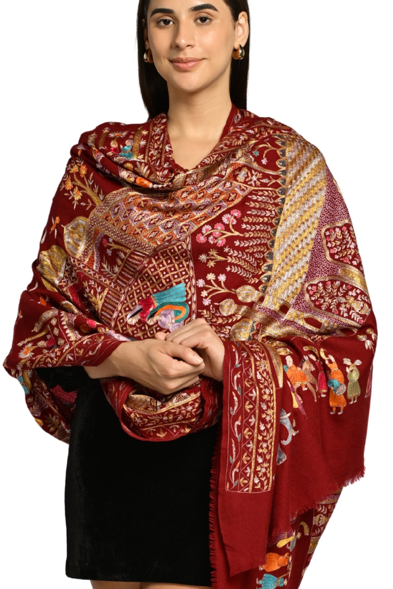 Maroon Pure Pashmina Mughal Tilla Shawl, Hand Embroidered Taroob