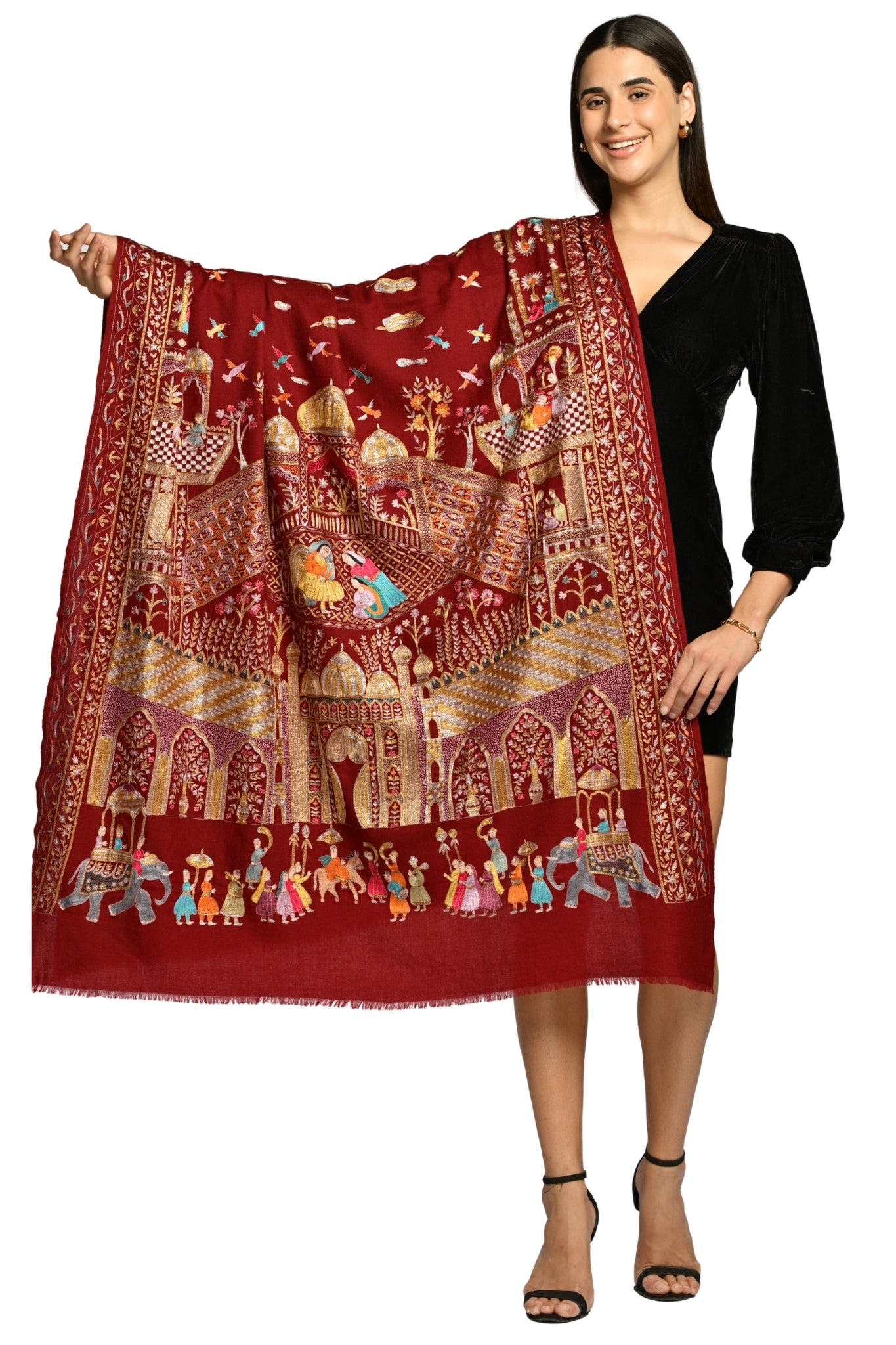Maroon Pure Pashmina Mughal Tilla Shawl, Hand Embroidered Taroob