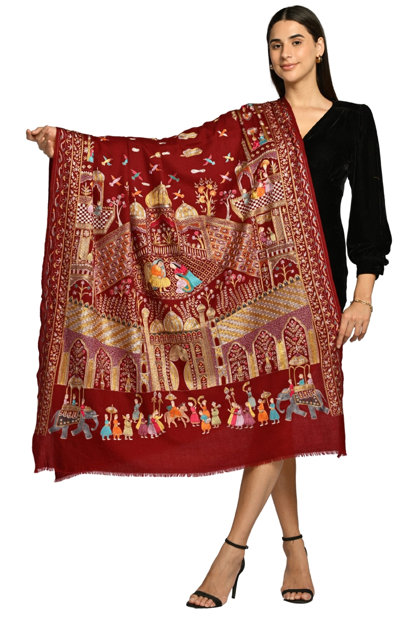 Maroon Pure Pashmina Mughal Tilla Shawl, Hand Embroidered Taroob